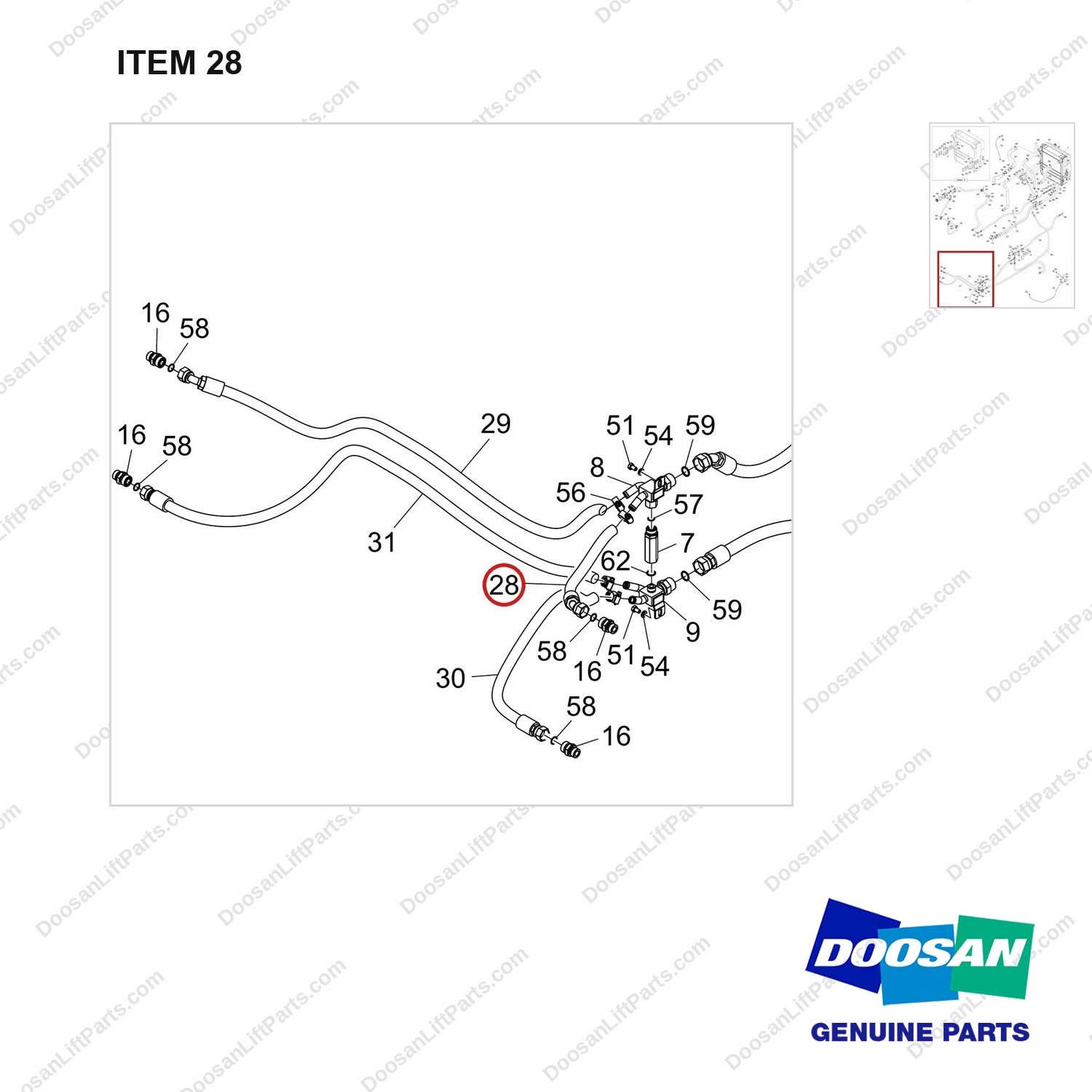 DS2022054 COOLER LINES GROUP - parts diagram, item 28 shown - genuine Doosan / Bobcat forklift part