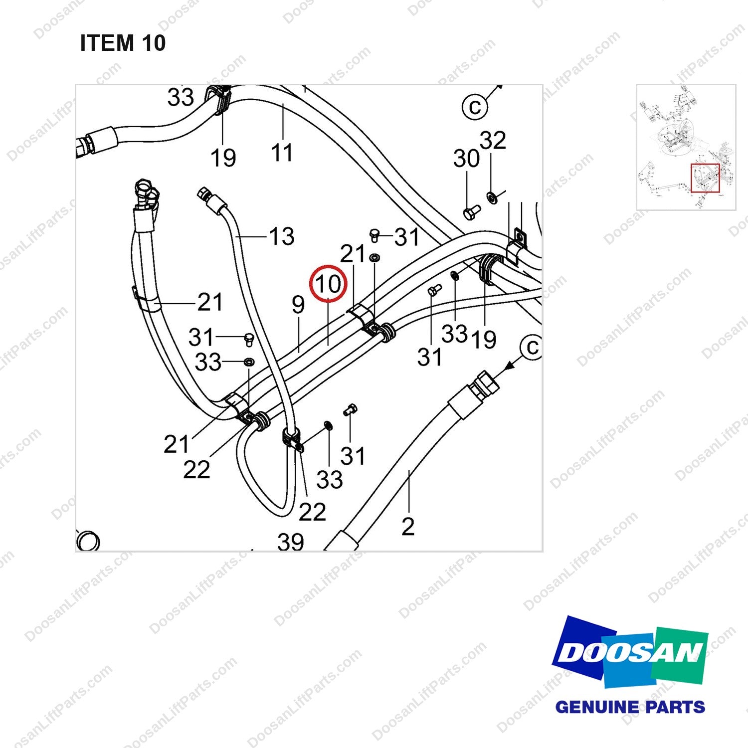DS2022062 PIPE,HYDRAULIC;GROUP,GC45S-9 - parts diagram, item 10 shown - genuine Doosan / Bobcat forklift part