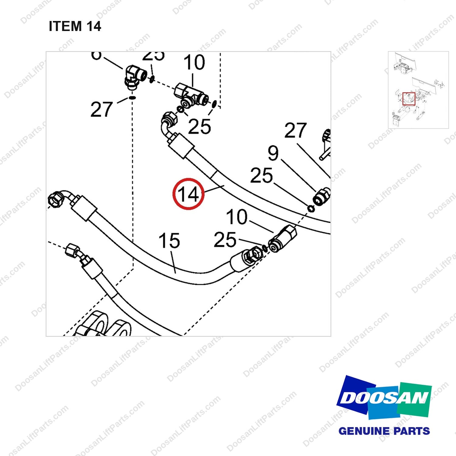 DS2023337 ARRANGEMENT,CHANGEOVER;AUTO TILT LEVELIN - parts diagram, item 14 shown - genuine Doosan / Bobcat forklift part