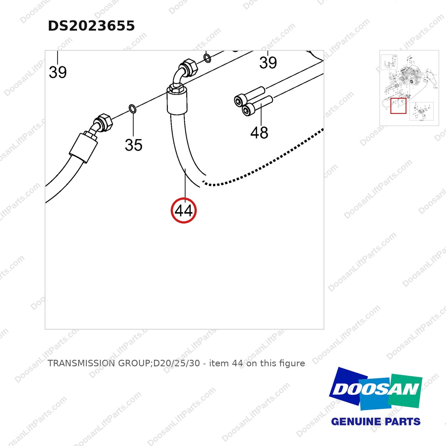 DS2023655 TRANSMISSION GROUP;D20/25/30 - parts diagram, item 44 shown - genuine Doosan / Bobcat forklift part