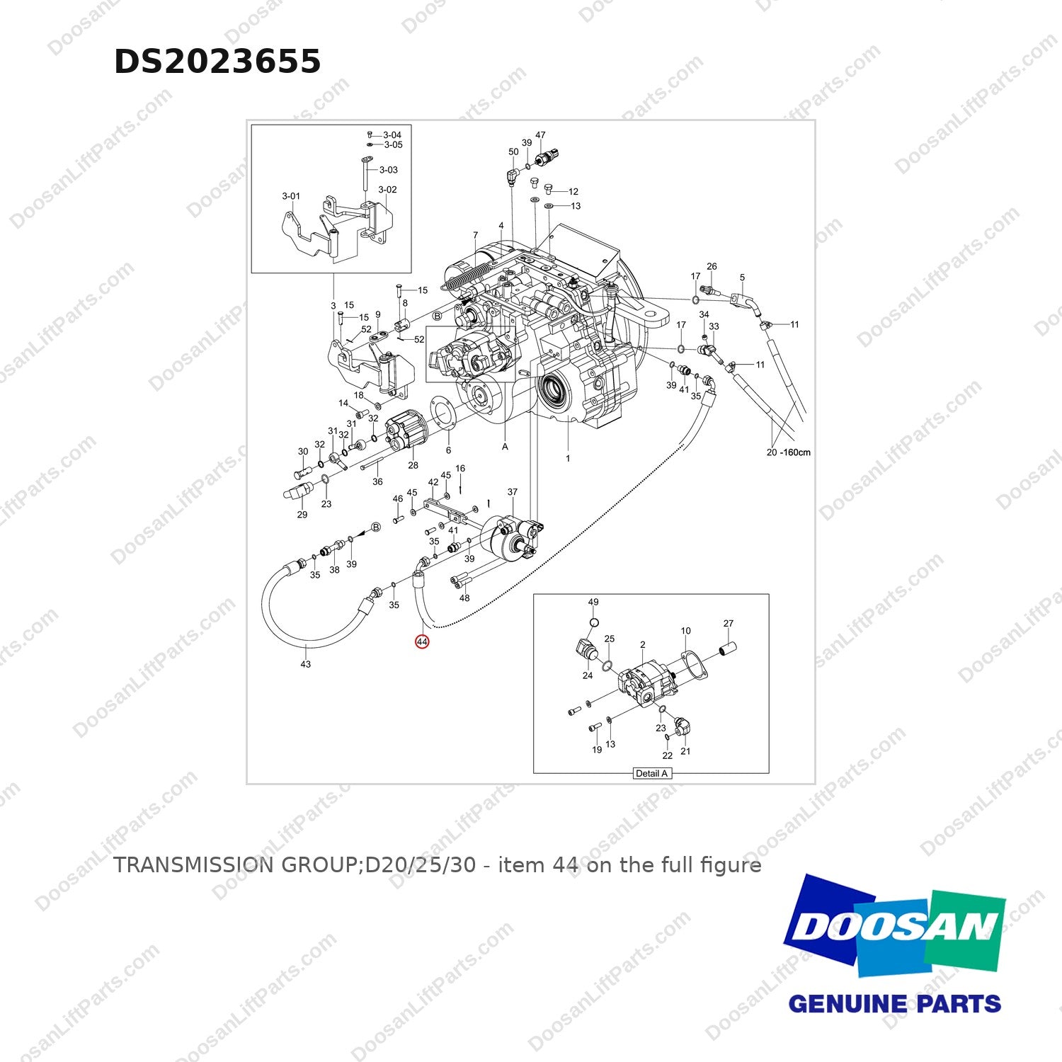 DS2023655 TRANSMISSION GROUP;D20/25/30 - full parts diagram, item 44 marked - genuine Doosan / Bobcat forklift part
