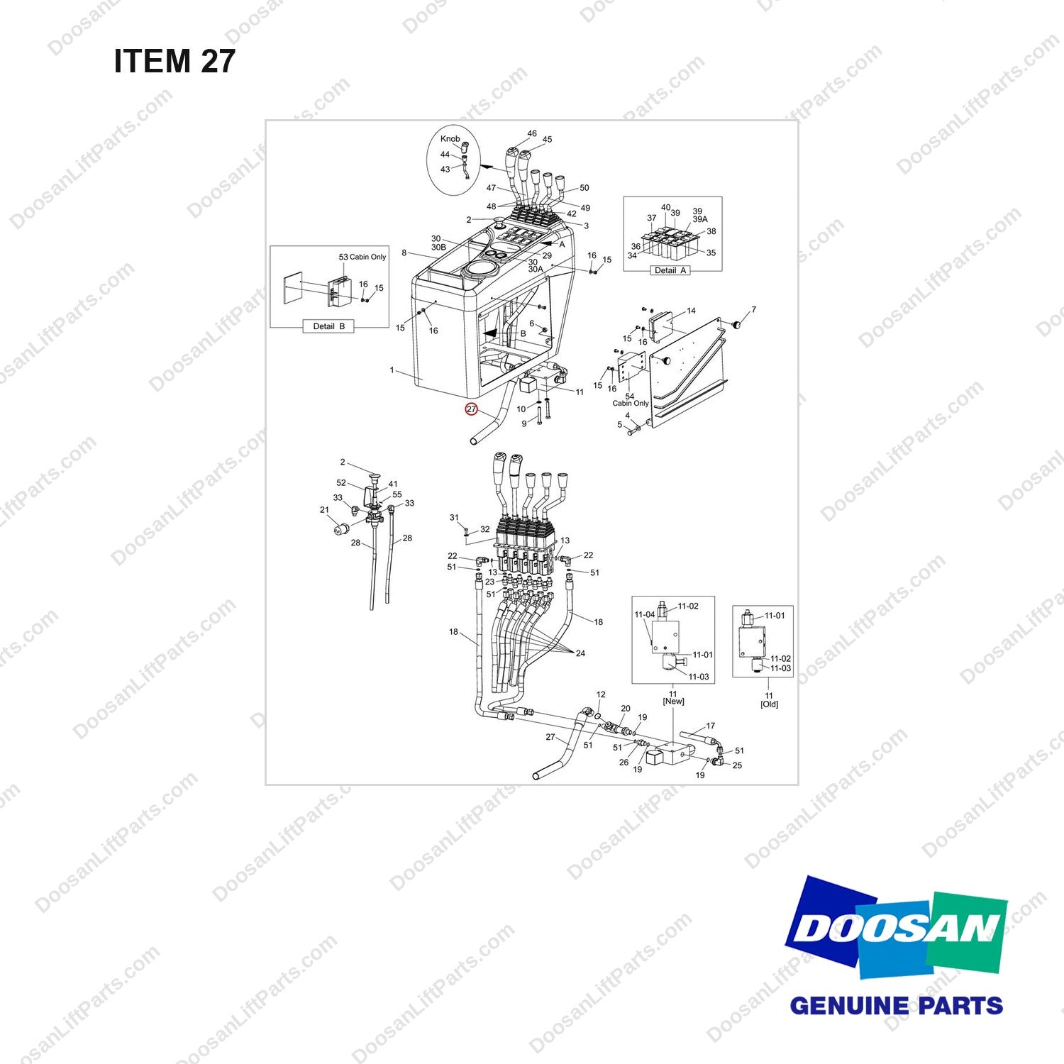 DS2028017 Pilot Valve-5 Spool STD-Shoe Type Brake - full parts diagram, item 27 marked - genuine Doosan / Bobcat forklift part