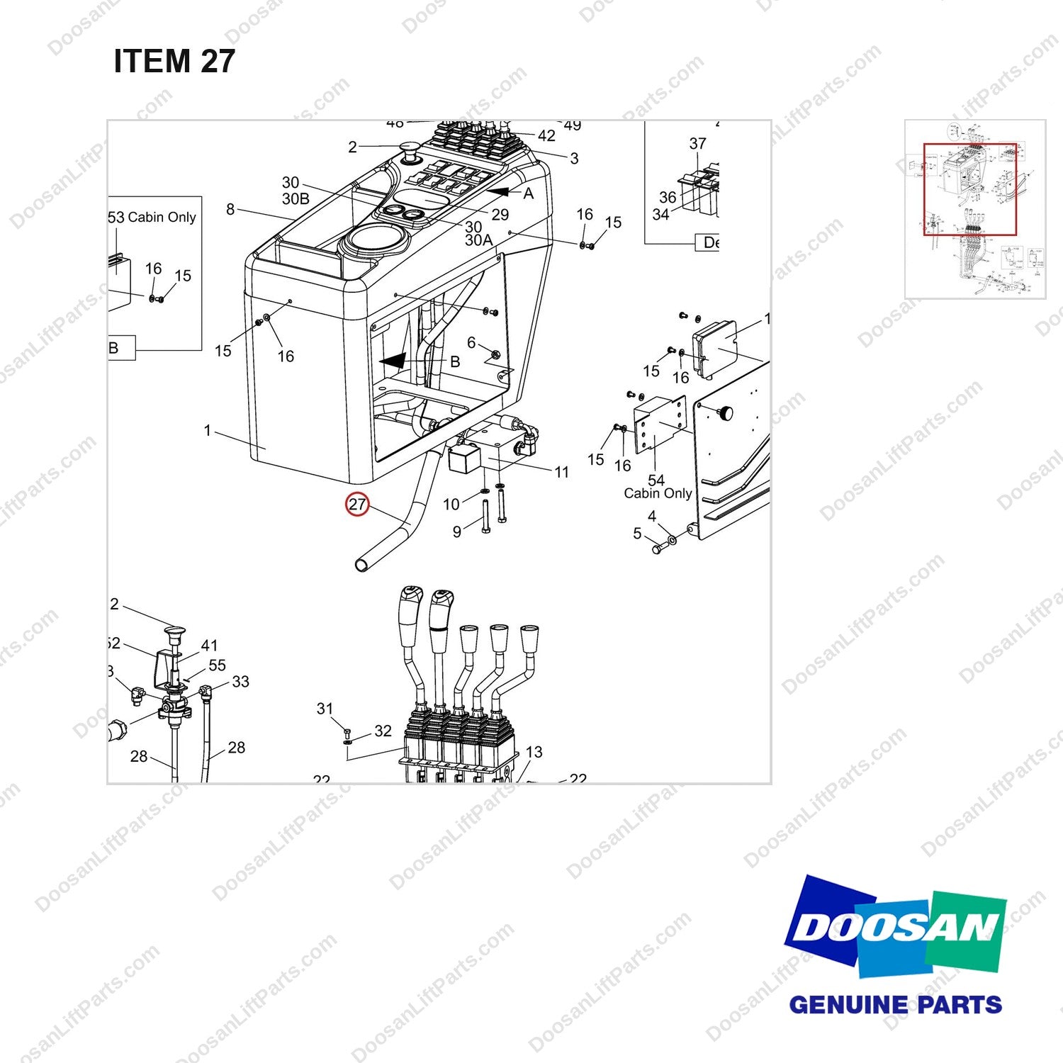 DS2028017 Pilot Valve-5 Spool STD-Shoe Type Brake - parts diagram, item 27 shown - genuine Doosan / Bobcat forklift part