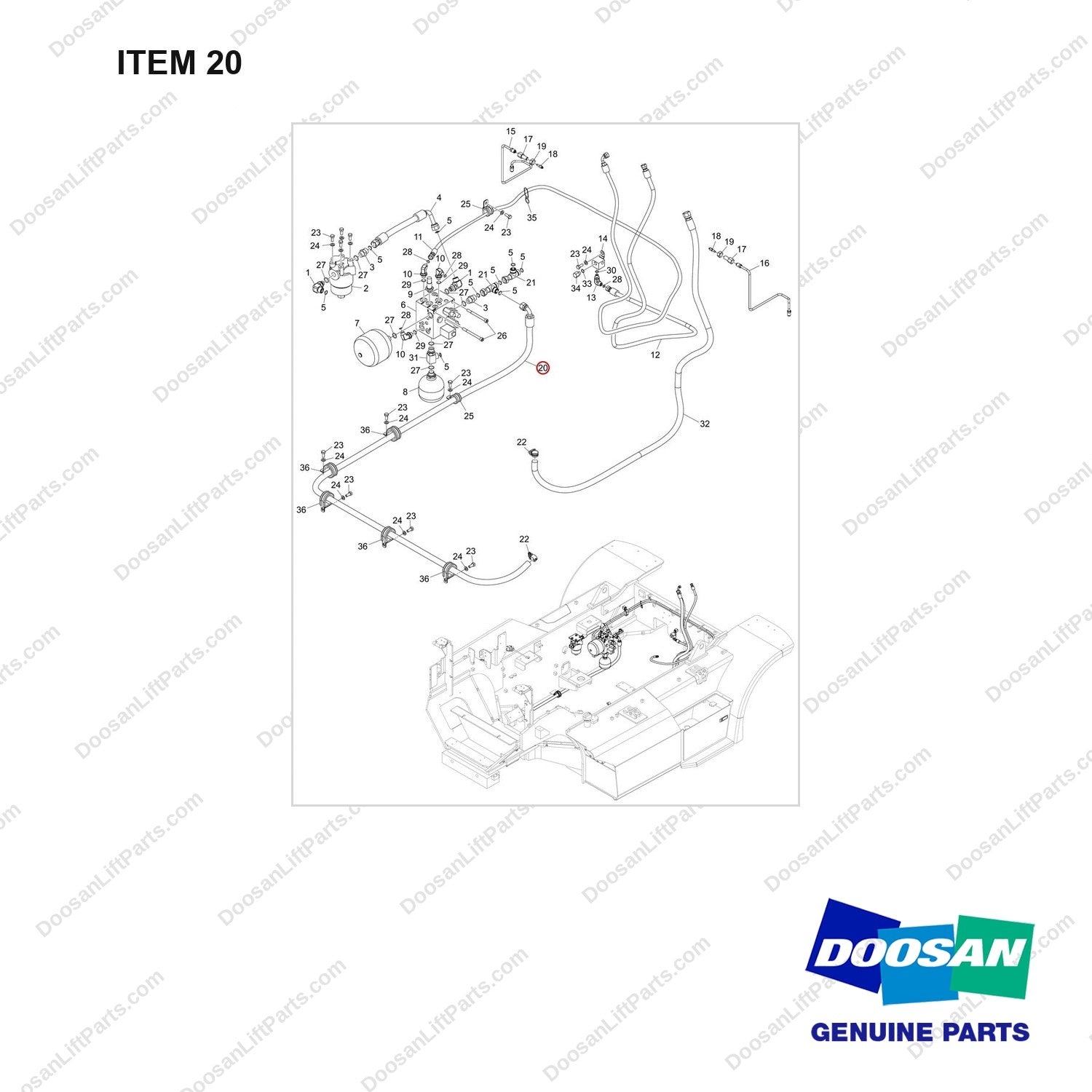 DS2028043 SERVICE BRAKE GROUP;D70 - full parts diagram, item 20 marked - genuine Doosan / Bobcat forklift part