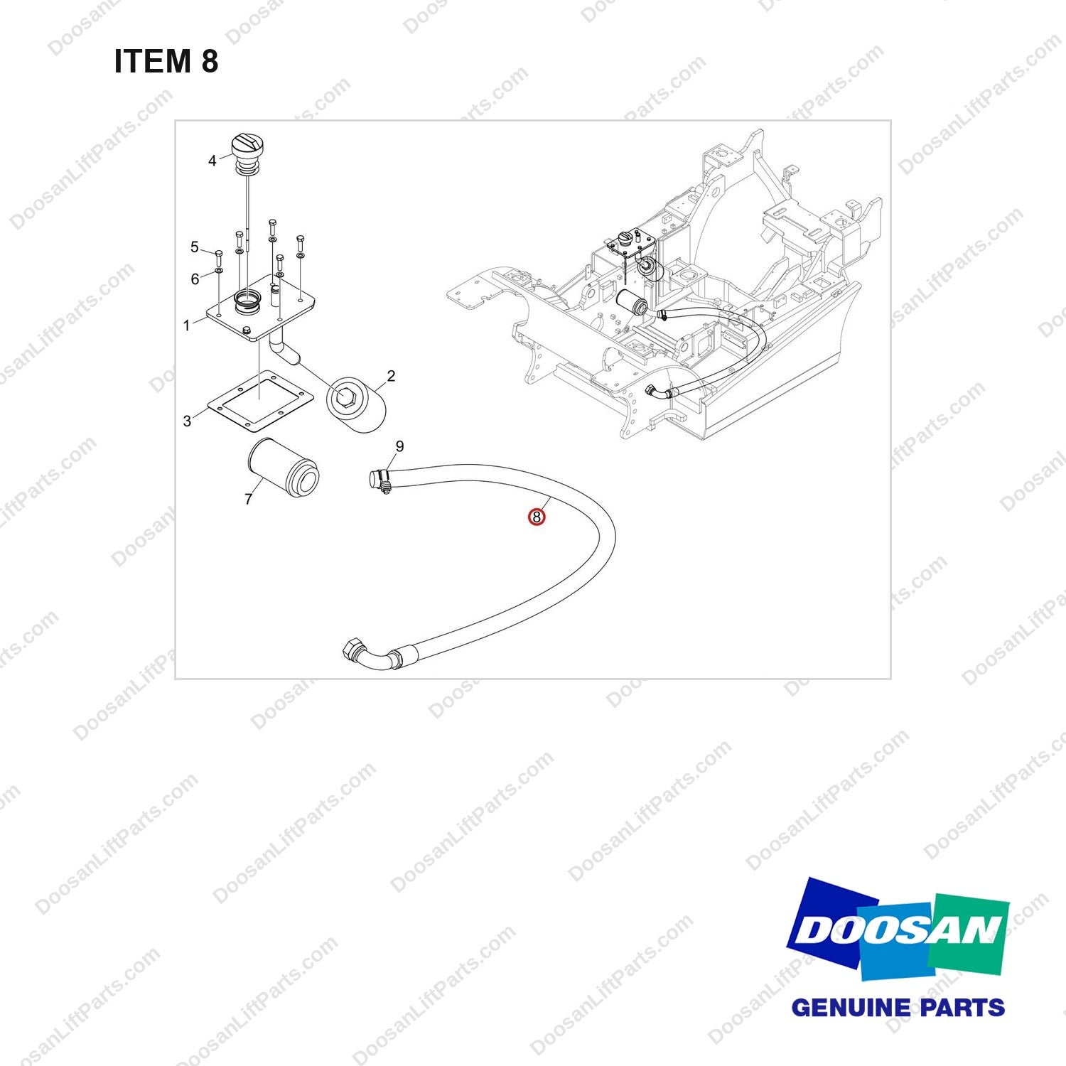 DS2028046 MAST OPERATING LINE GROUP_SUB - full parts diagram, item 8 marked - genuine Doosan / Bobcat forklift part