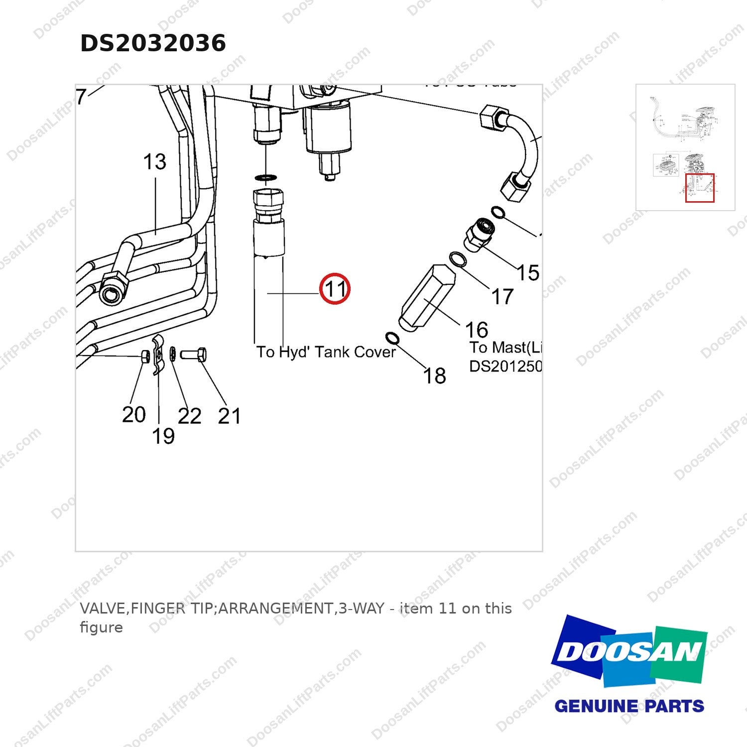 DS2032036 VALVE,FINGER TIP;ARRANGEMENT,3-WAY - parts diagram, item 11 shown - genuine Doosan / Bobcat forklift part