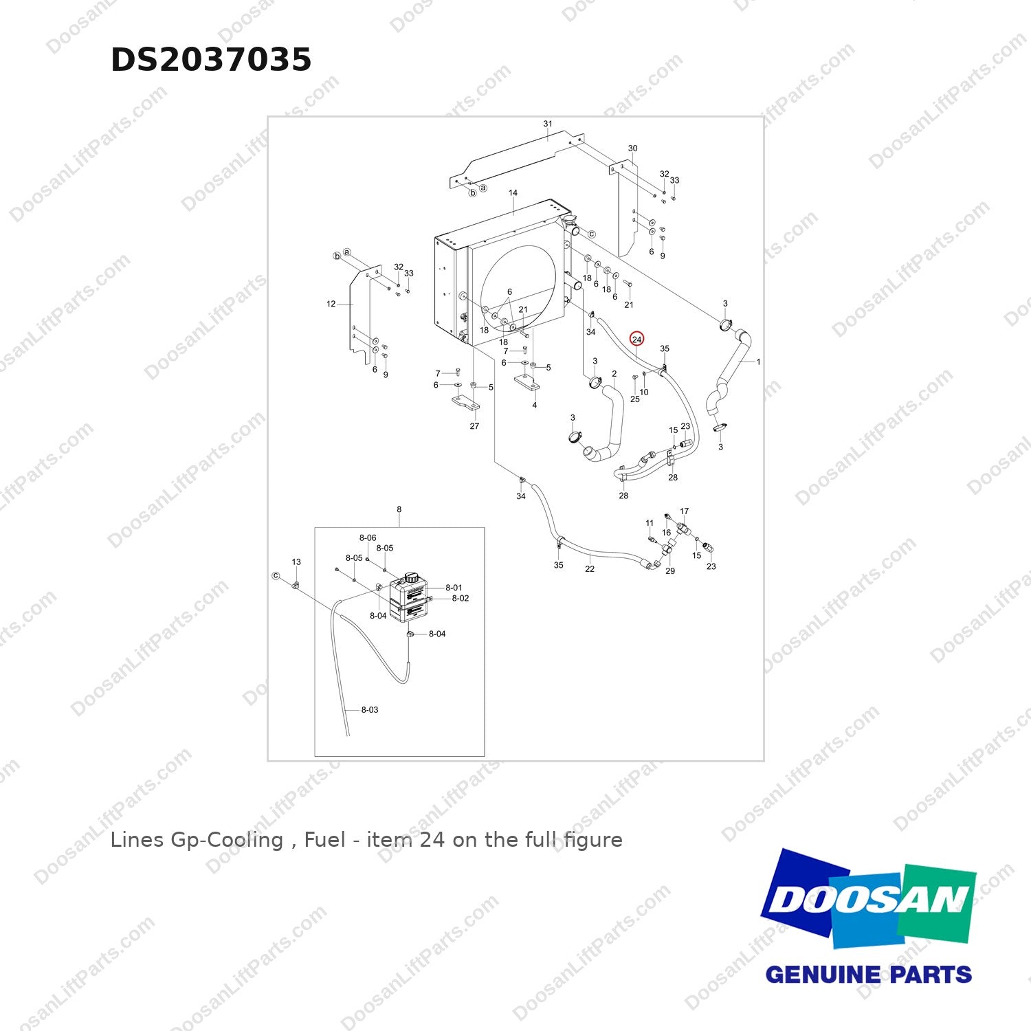 DS2037035 Lines Gp-Cooling , Fuel - full parts diagram, item 24 marked - genuine Doosan / Bobcat forklift part