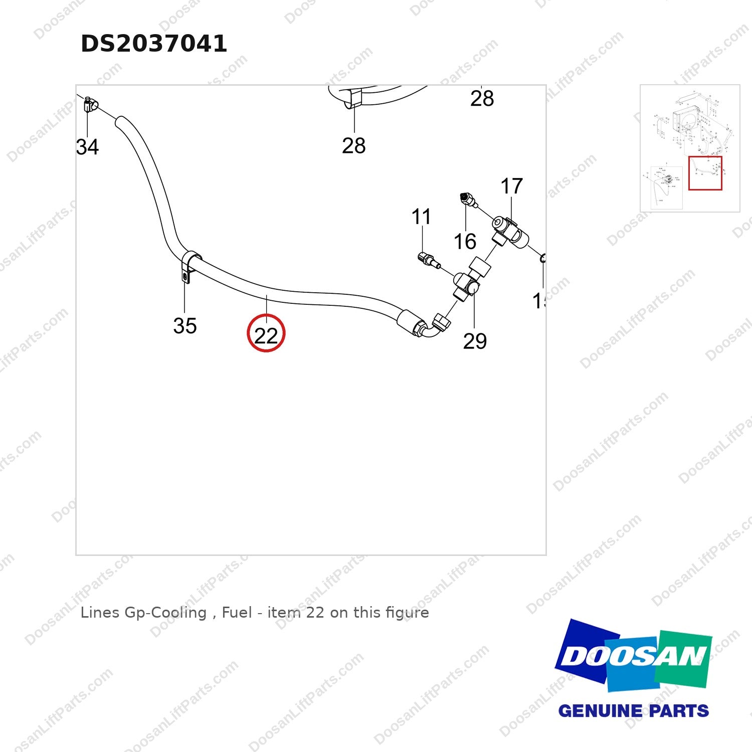 DS2037041 Lines Gp-Cooling , Fuel - parts diagram, item 22 shown - genuine Doosan / Bobcat forklift part