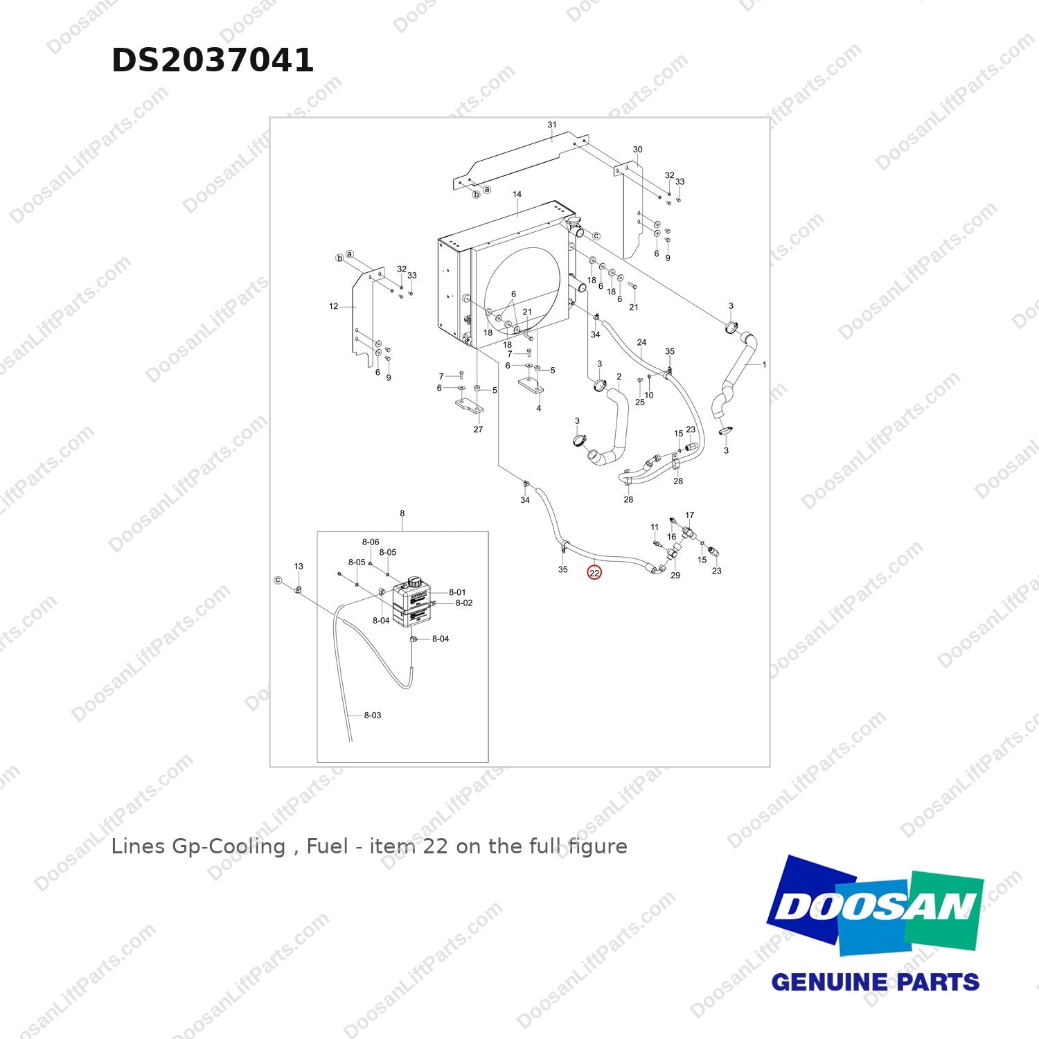 DS2037041 Lines Gp-Cooling , Fuel - full parts diagram, item 22 marked - genuine Doosan / Bobcat forklift part