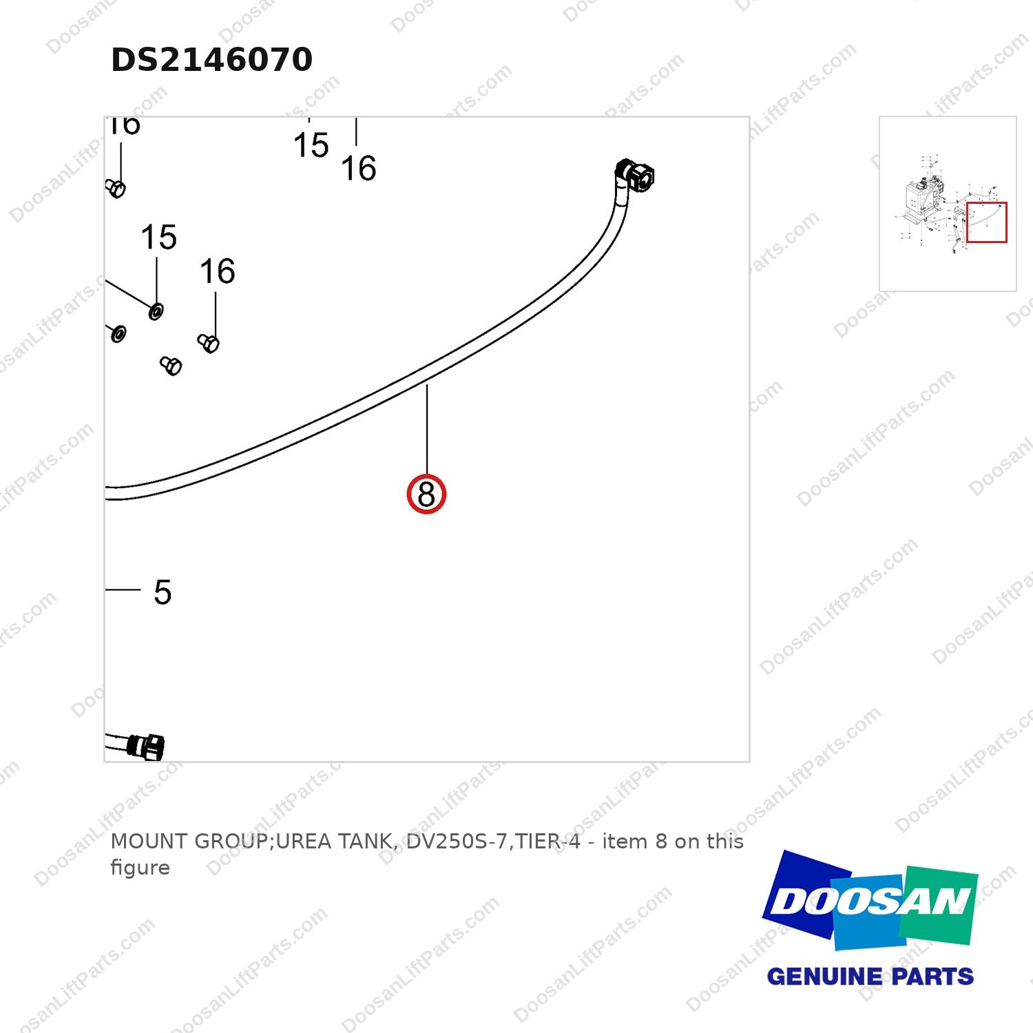 DS2146070 MOUNT GROUP;UREA TANK, DV250S-7,TIER-4 - parts diagram, item 8 shown - genuine Doosan / Bobcat forklift part