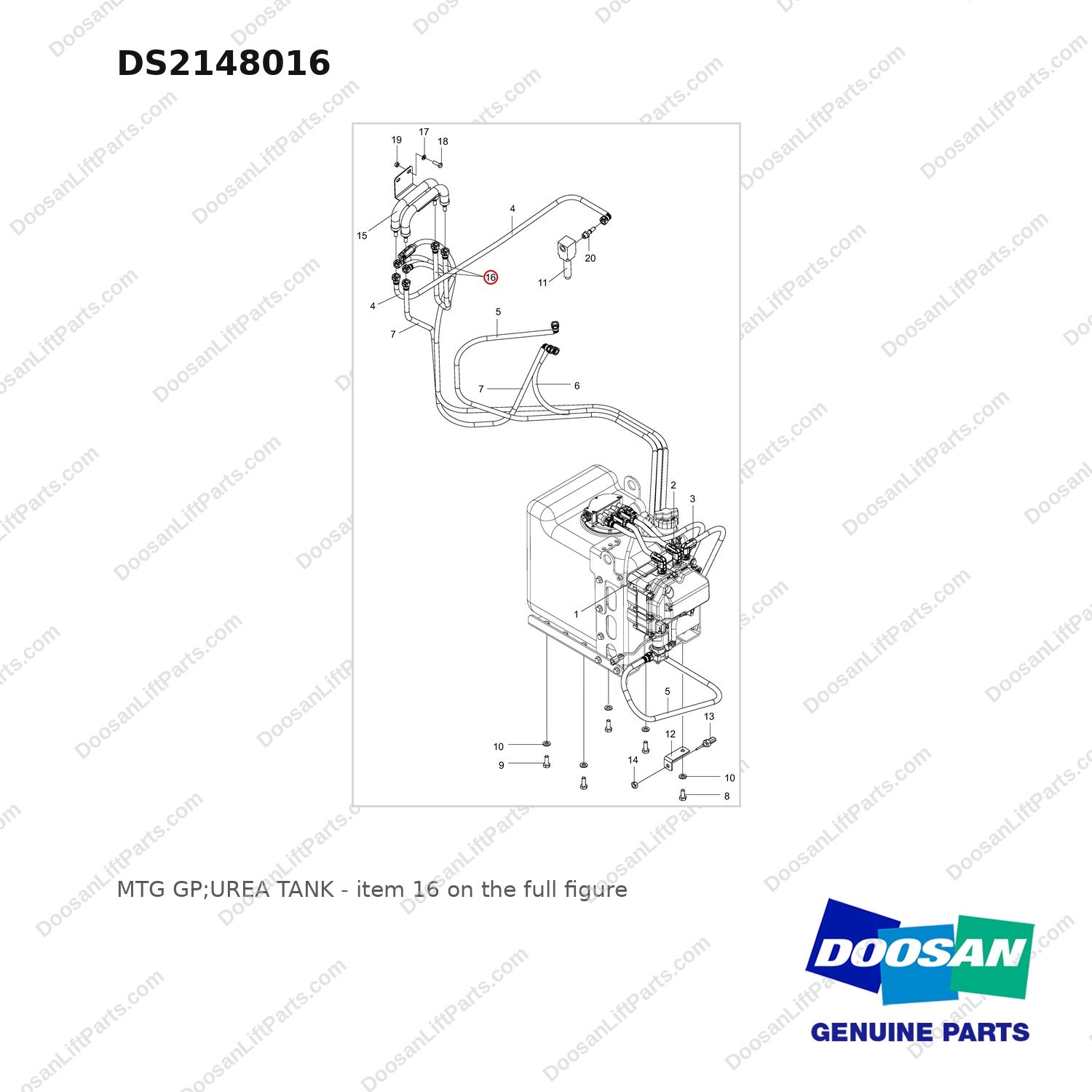 DS2148016 MTG GP;UREA TANK - full parts diagram, item 16 marked - genuine Doosan / Bobcat forklift part