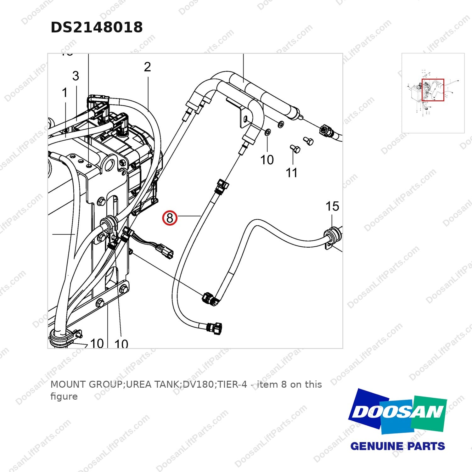 DS2148018 MOUNT GROUP;UREA TANK;DV180;TIER-4 - parts diagram, item 8 shown - genuine Doosan / Bobcat forklift part