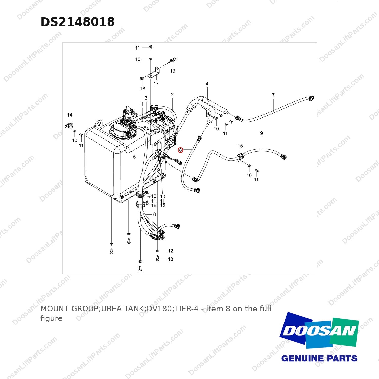 DS2148018 MOUNT GROUP;UREA TANK;DV180;TIER-4 - full parts diagram, item 8 marked - genuine Doosan / Bobcat forklift part