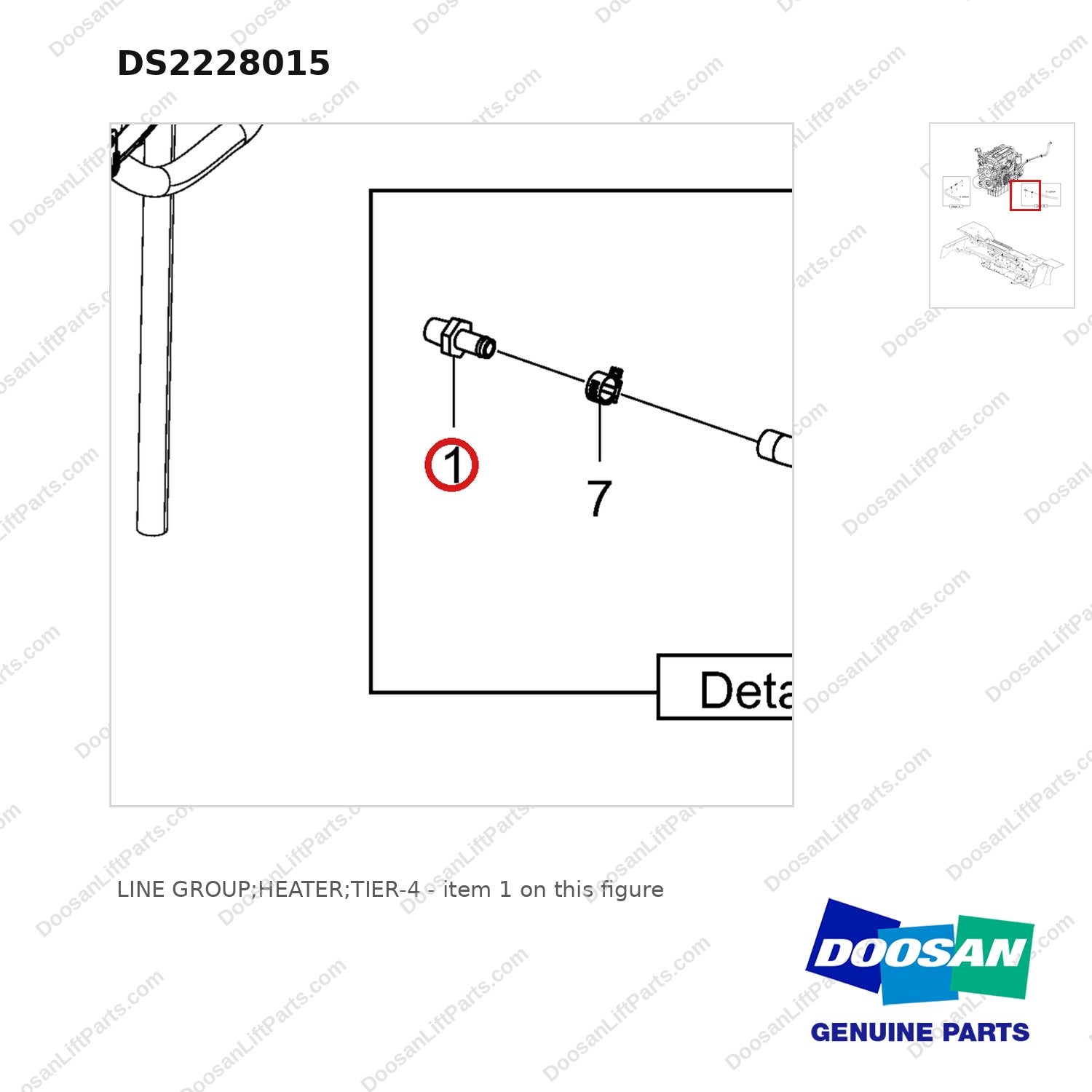 DS2228015 LINE GROUP;HEATER;TIER-4 - parts diagram, item 1 shown - genuine Doosan / Bobcat forklift part