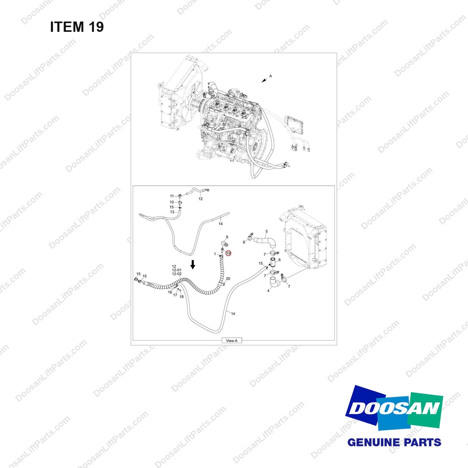 DS2239024 HEATER;INHOUSE ASSY - full parts diagram, item 19 marked - genuine Doosan / Bobcat forklift part