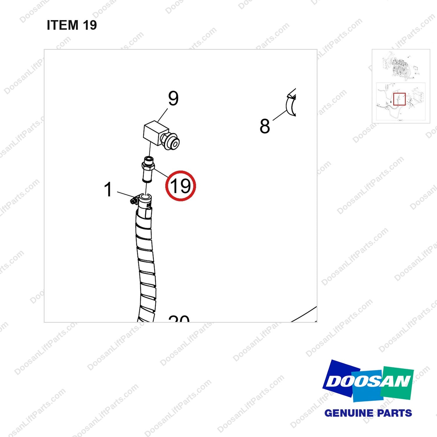 DS2239024 HEATER;INHOUSE ASSY - parts diagram, item 19 shown - genuine Doosan / Bobcat forklift part