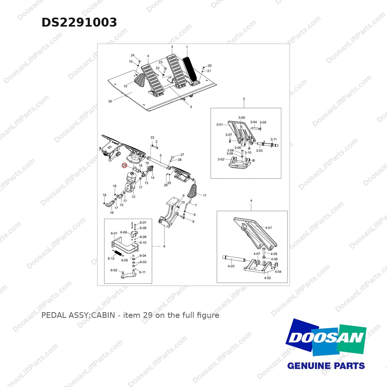 DS2291003 PEDAL ASSY;CABIN - full parts diagram, item 29 marked - genuine Doosan / Bobcat forklift part