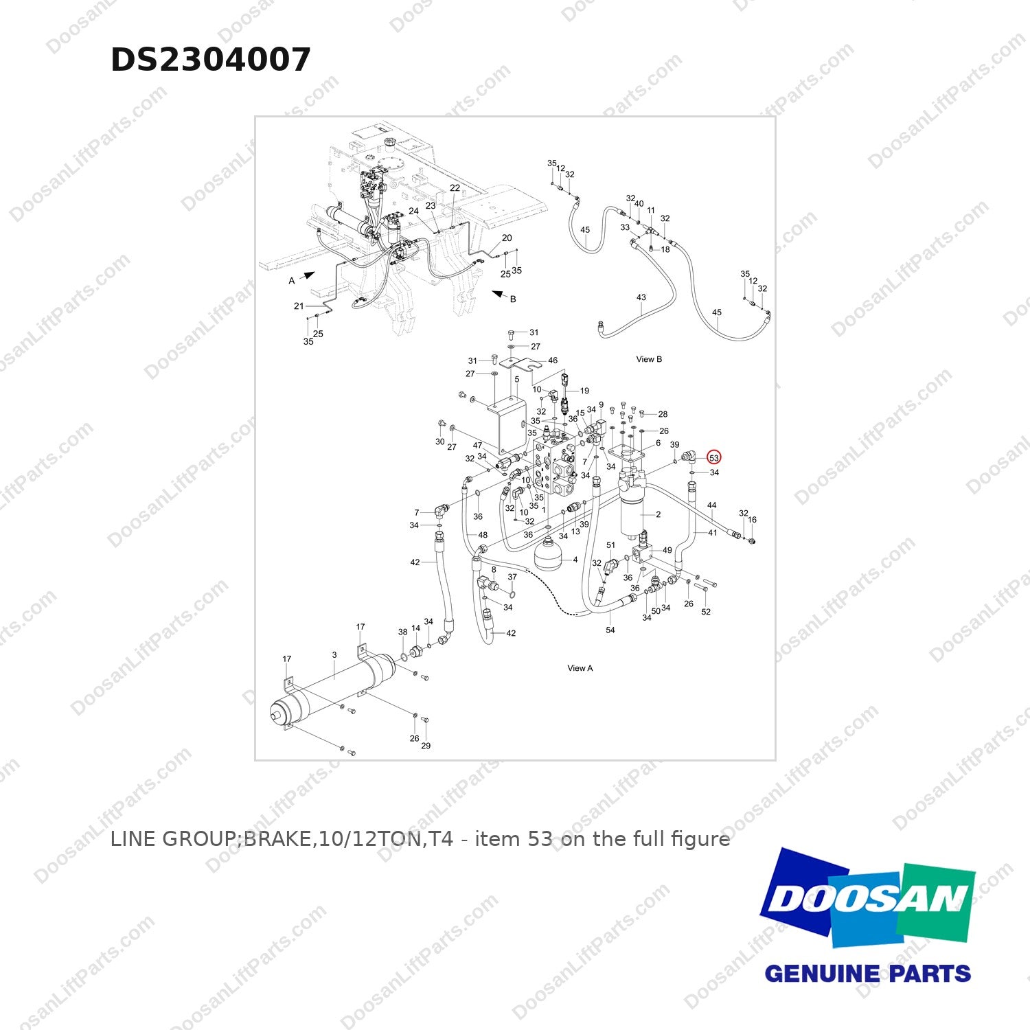 DS2304007 LINE GROUP;BRAKE,10/12TON,T4 - full parts diagram, item 53 marked - genuine Doosan / Bobcat forklift part