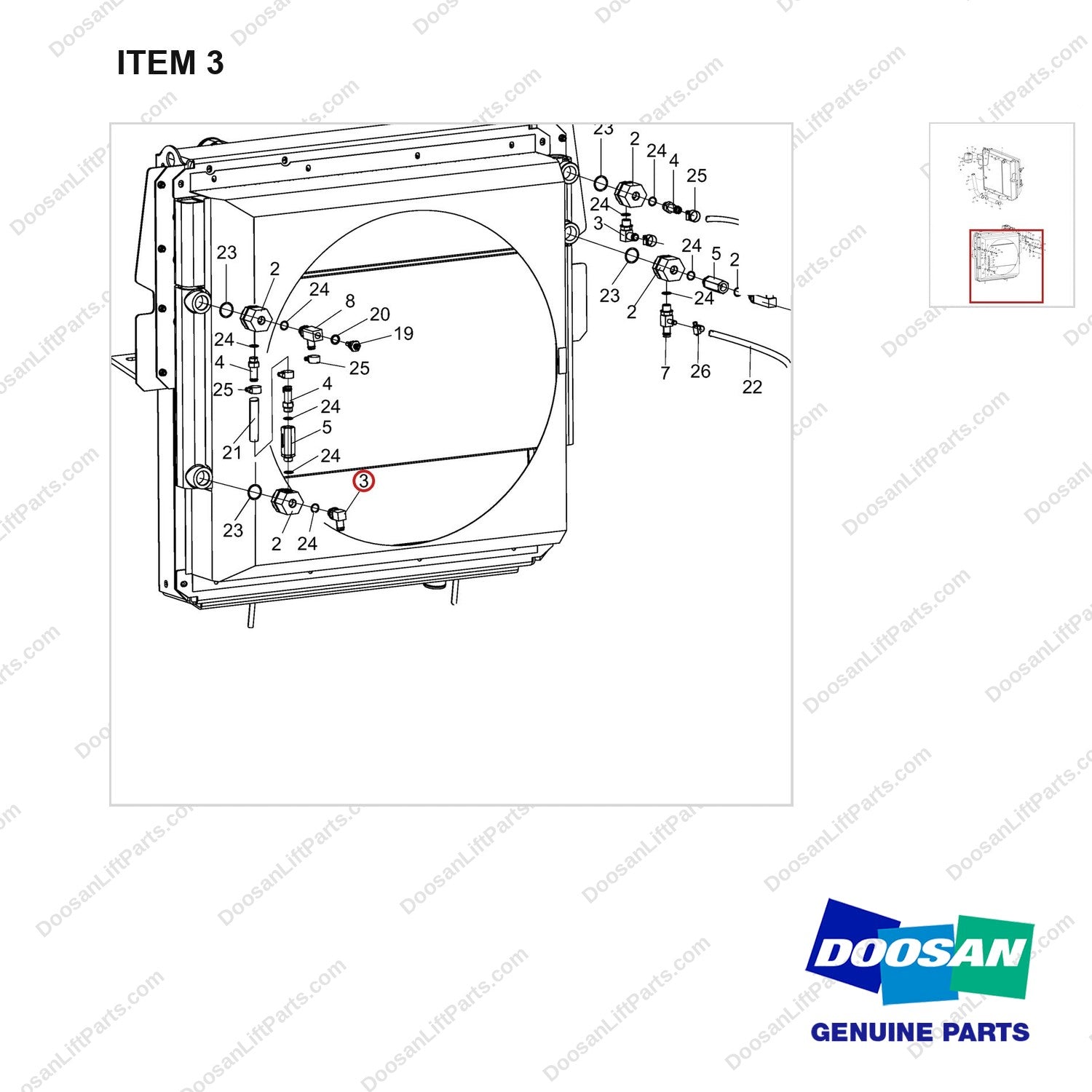 DS2307037 RADIATOR GROUP;SUB - parts diagram, item 3 shown - genuine Doosan / Bobcat forklift part