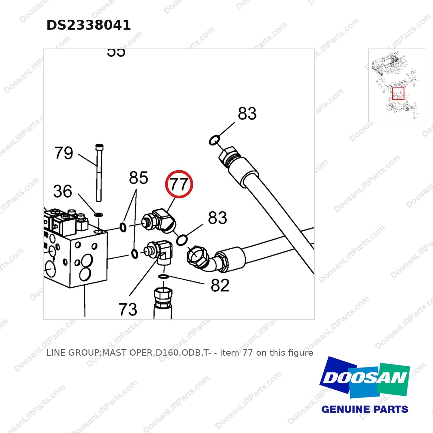 DS2338041 LINE GROUP;MAST OPER,D160,ODB,T- - parts diagram, item 77 shown - genuine Doosan / Bobcat forklift part