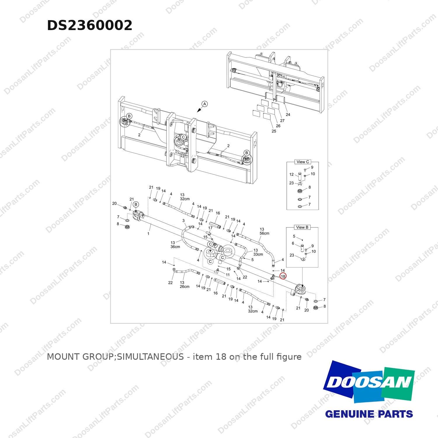 DS2360002 MOUNT GROUP;SIMULTANEOUS - full parts diagram, item 18 marked - genuine Doosan / Bobcat forklift part