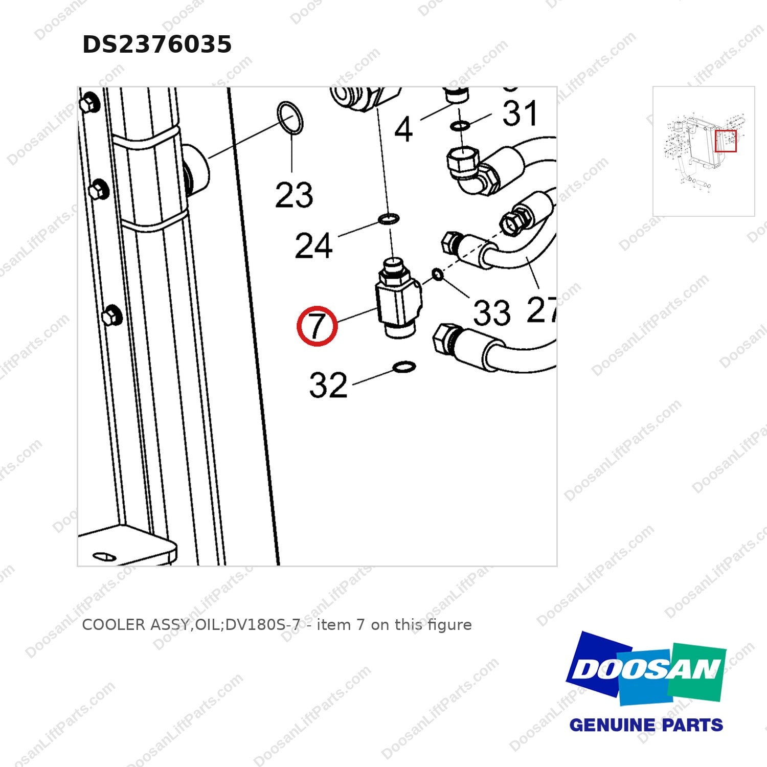 DS2376035 COOLER ASSY,OIL;DV180S-7 - parts diagram, item 7 shown - genuine Doosan / Bobcat forklift part