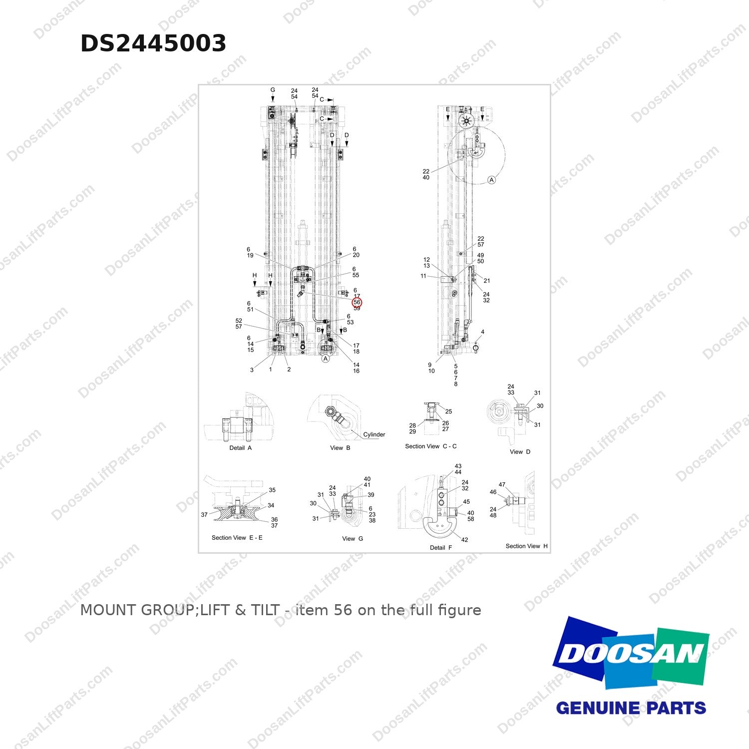 DS2445003 MOUNT GROUP;LIFT & TILT - full parts diagram, item 56 marked - genuine Doosan / Bobcat forklift part