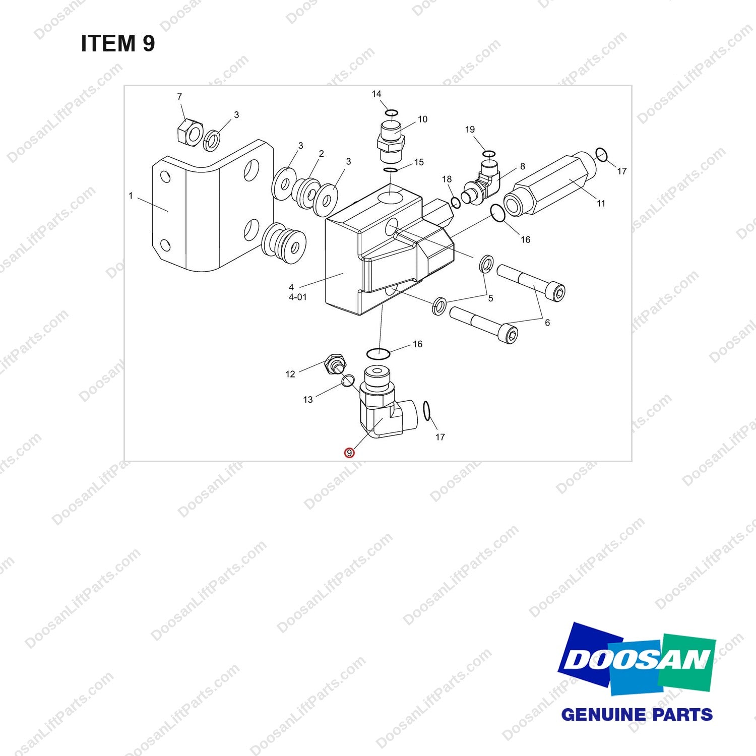DS2472001 Valve Ass'y-Priority - full parts diagram, item 9 marked - genuine Doosan / Bobcat forklift part