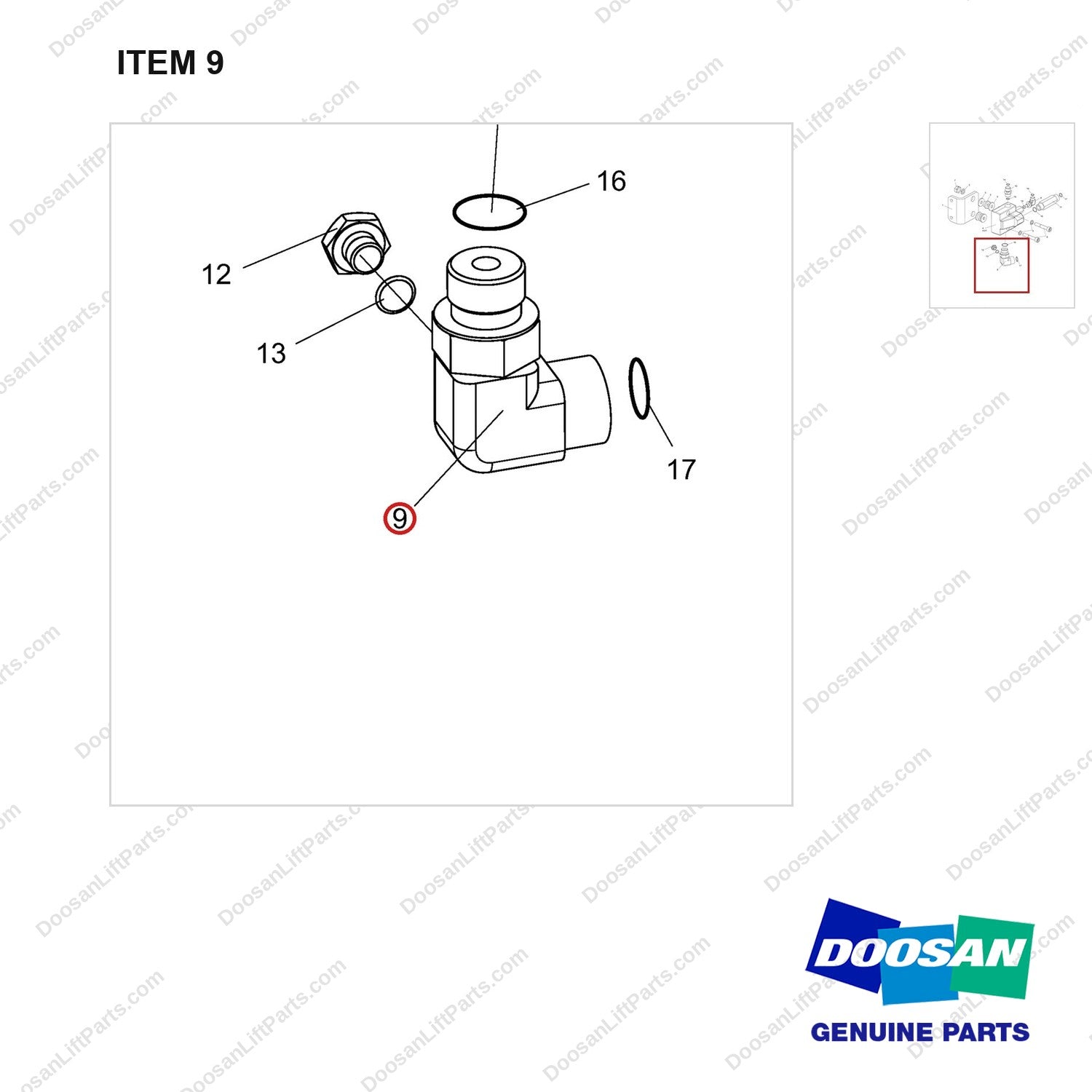 DS2472001 Valve Ass'y-Priority - parts diagram, item 9 shown - genuine Doosan / Bobcat forklift part