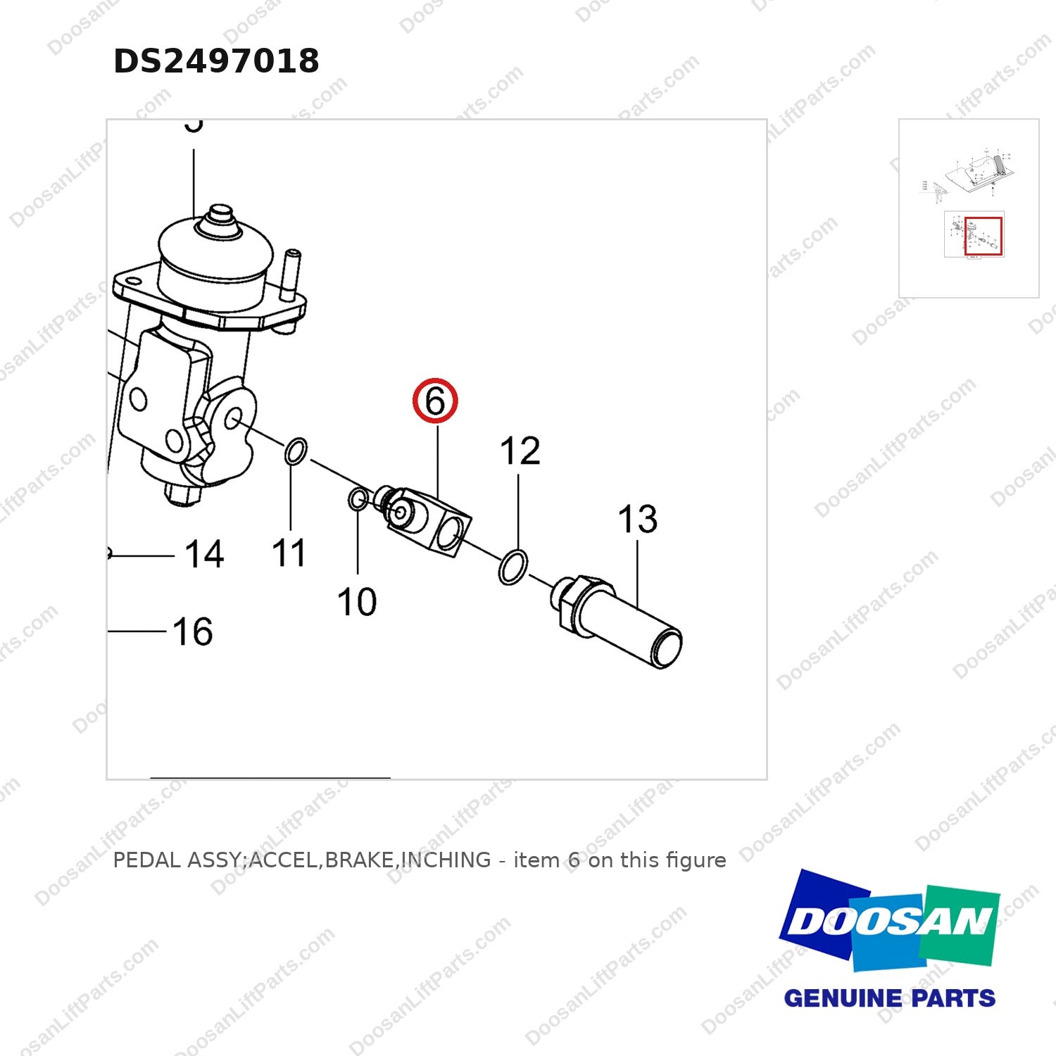DS2497018 PEDAL ASSY;ACCEL,BRAKE,INCHING - parts diagram, item 6 shown - genuine Doosan / Bobcat forklift part