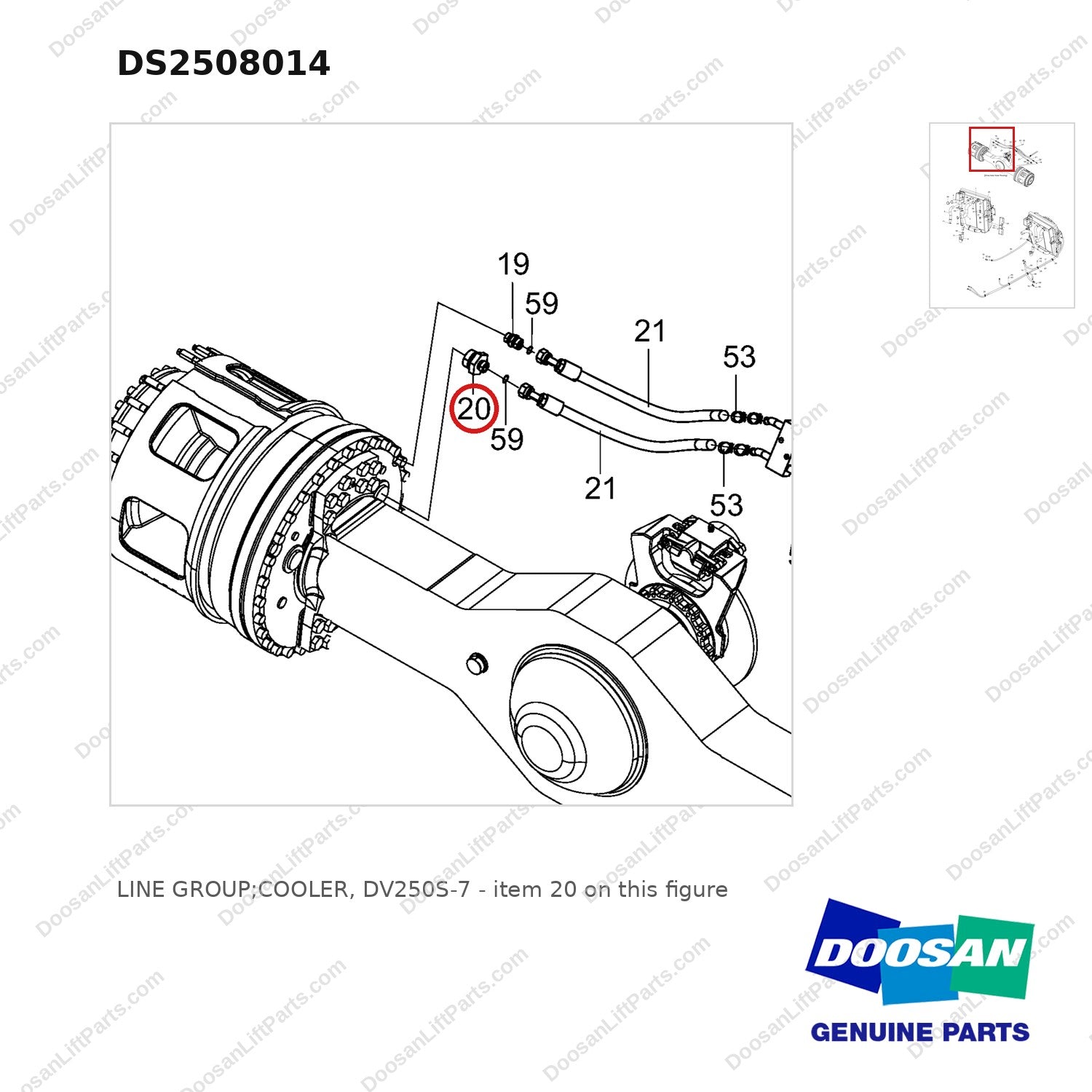 DS2508014 LINE GROUP;COOLER, DV250S-7 - parts diagram, item 20 shown - genuine Doosan / Bobcat forklift part