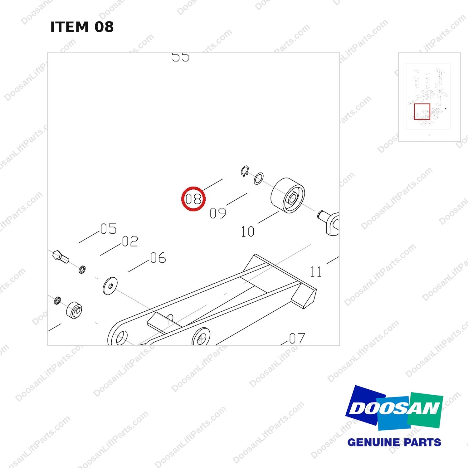 FJ4B-08 FORKLIFT JACK 8800 LB - EXPLODED VIEW - parts diagram, item 08 shown - genuine Doosan / Bobcat forklift part