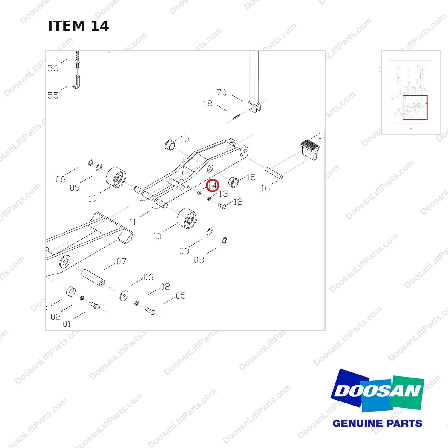 FJ4B-14 FORKLIFT JACK 8800 LB - EXPLODED VIEW - parts diagram, item 14 shown - genuine Doosan / Bobcat forklift part