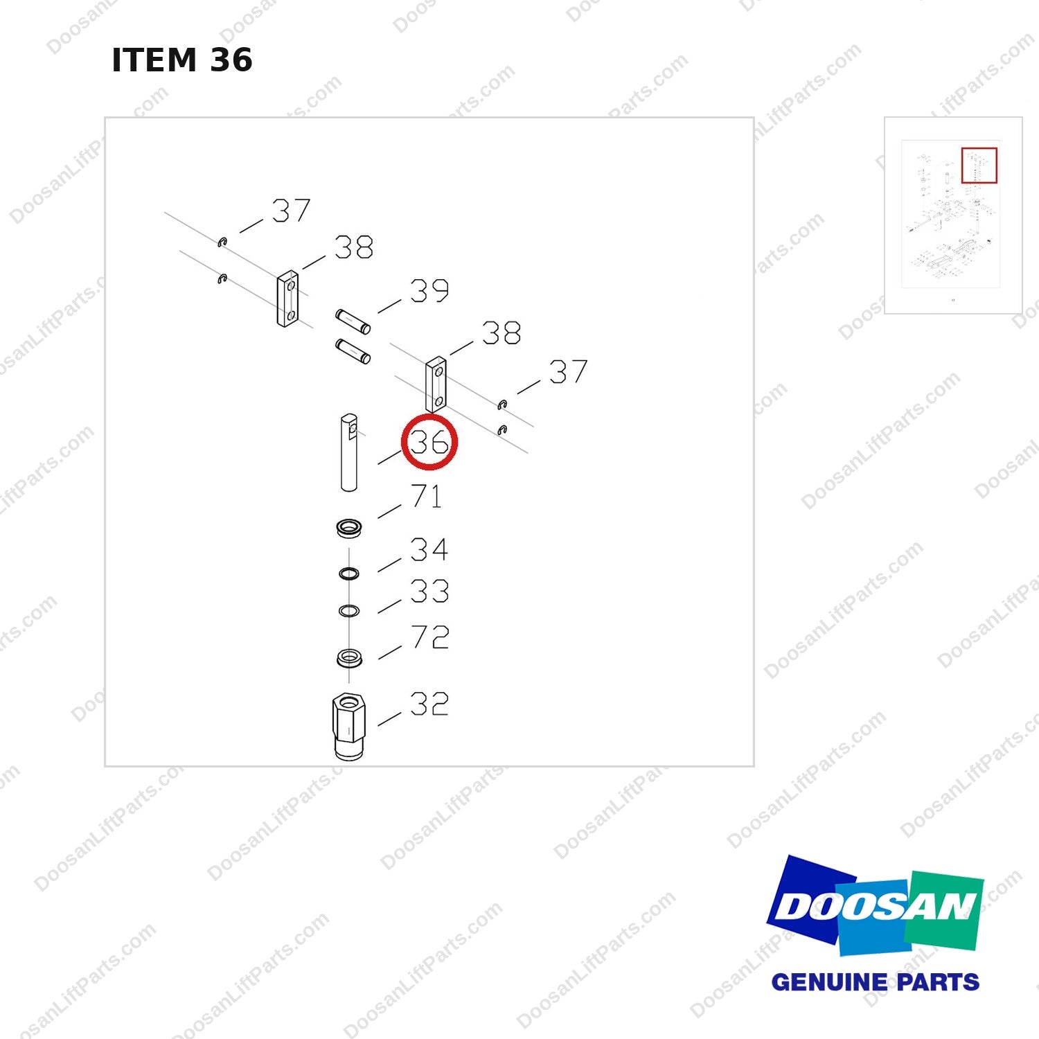 FJ4B-36 FORKLIFT JACK 8800 LB - EXPLODED VIEW - parts diagram, item 36 shown - genuine Doosan / Bobcat forklift part