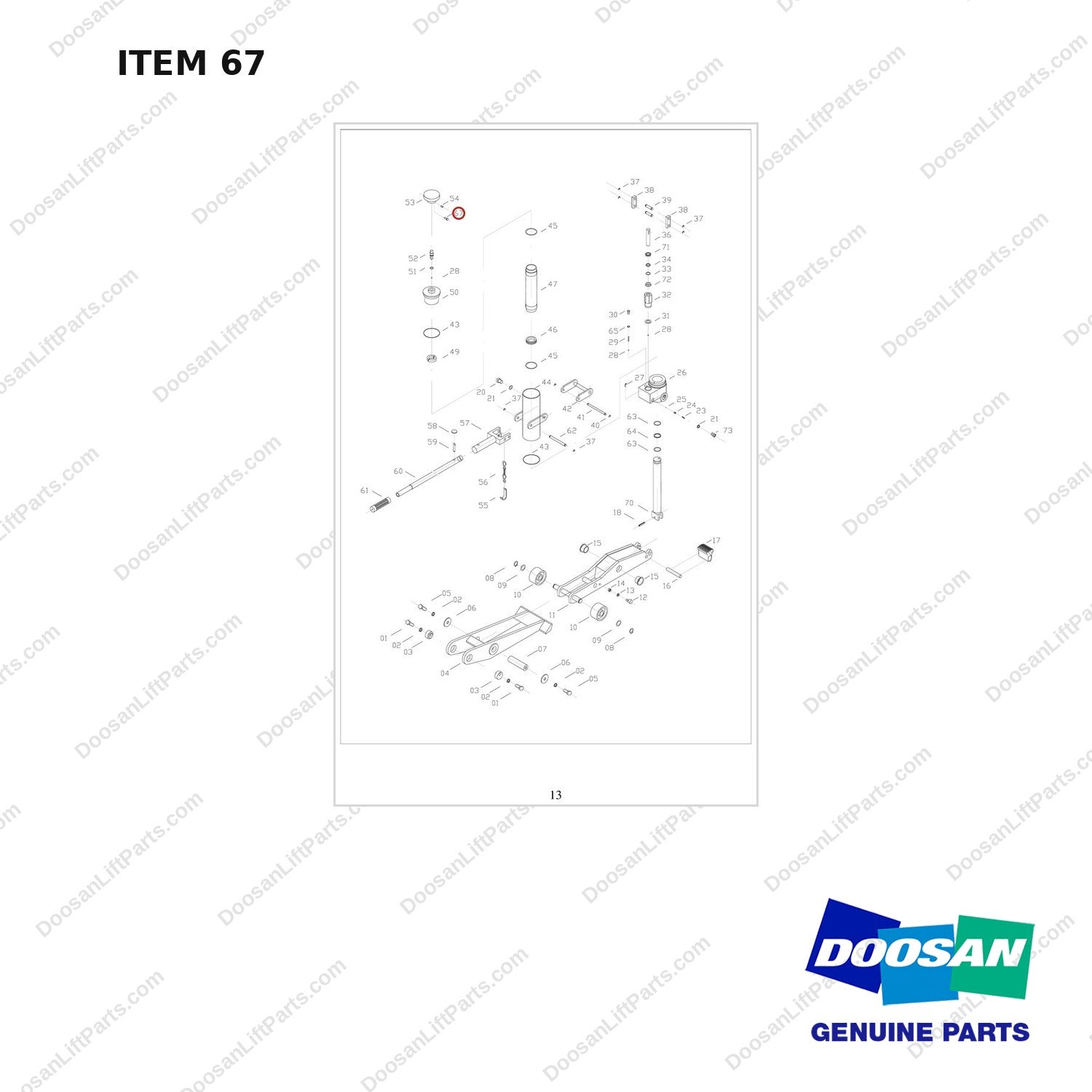 FJ4B-67 FORKLIFT JACK 8800 LB - EXPLODED VIEW - full parts diagram, item 67 marked - genuine Doosan / Bobcat forklift part