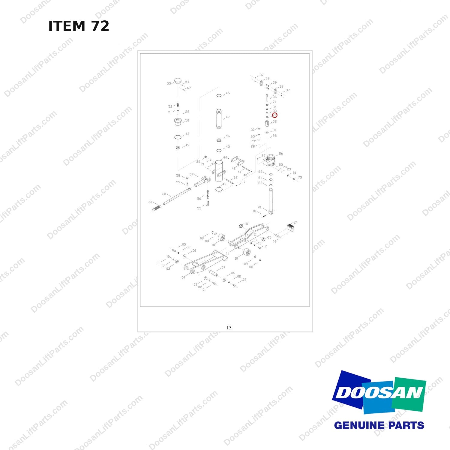 FJ4B-72 FORKLIFT JACK 8800 LB - EXPLODED VIEW - full parts diagram, item 72 marked - genuine Doosan / Bobcat forklift part