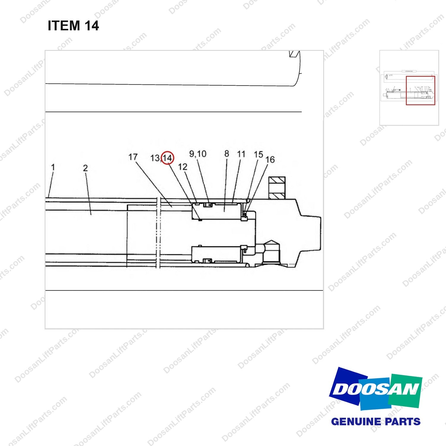 K1022487 LIFT,CYLINDER - parts diagram, item 14 shown - genuine Doosan / Bobcat forklift part