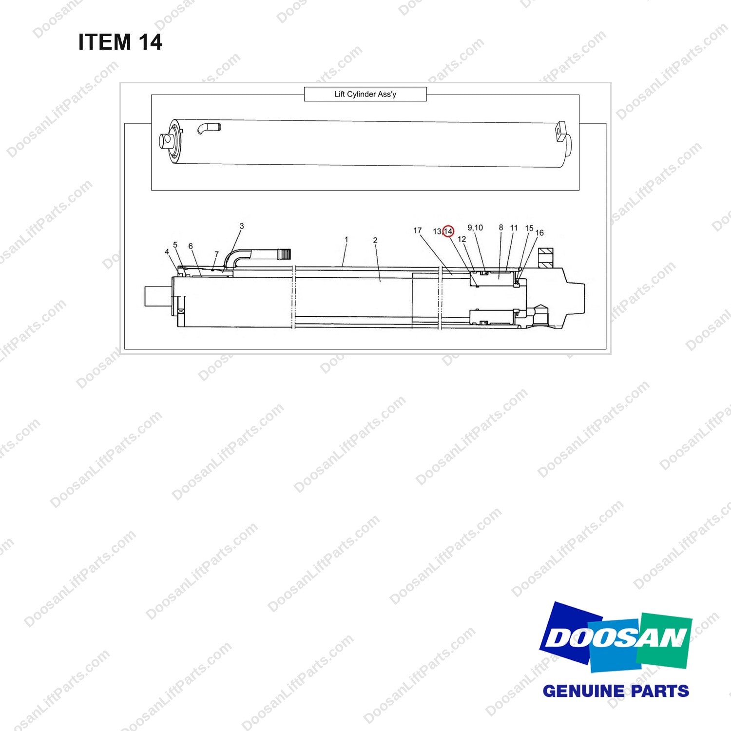K1022487 LIFT,CYLINDER - full parts diagram, item 14 marked - genuine Doosan / Bobcat forklift part