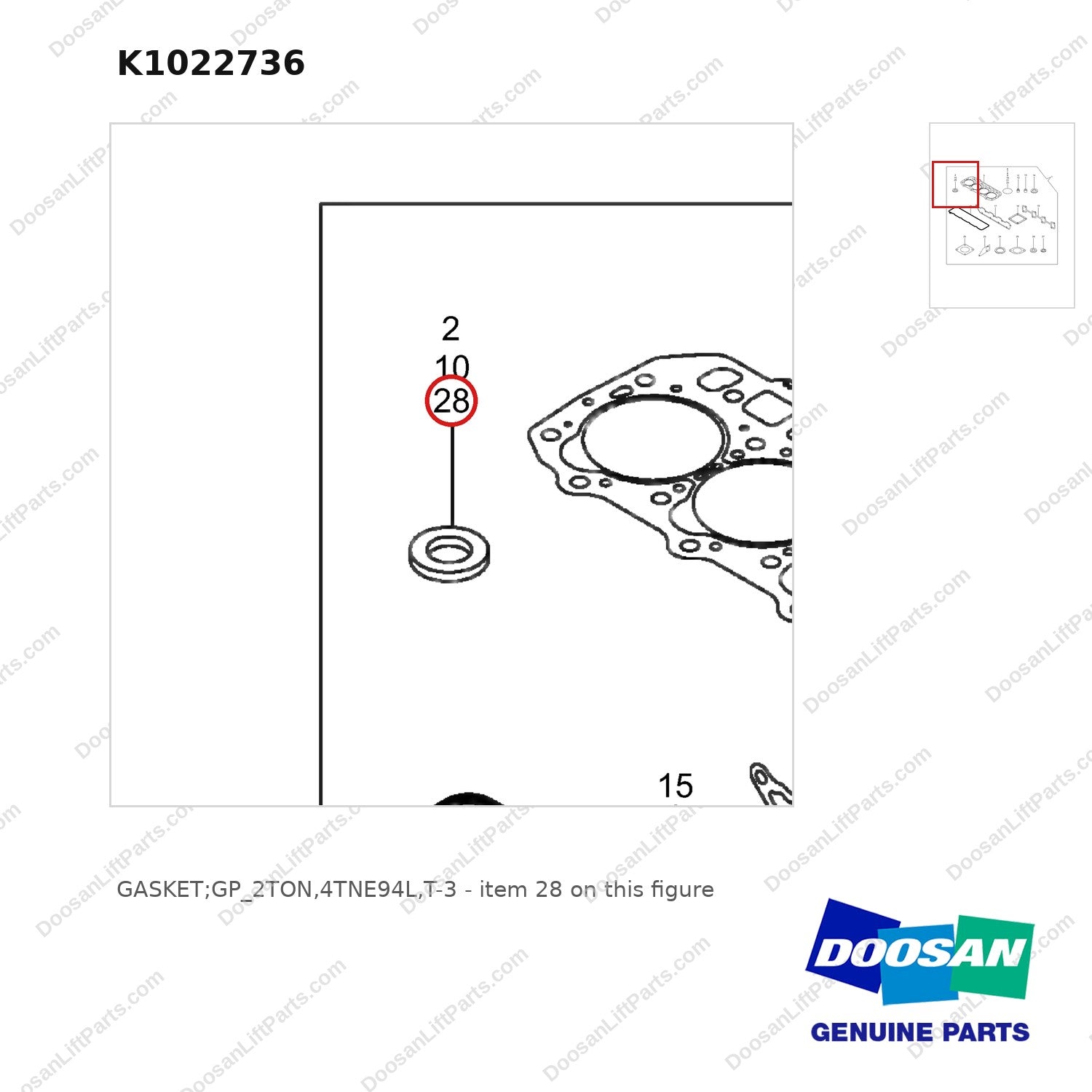 K1022736 GASKET;GP_2TON,4TNE94L,T-3 - parts diagram, item 28 shown - genuine Doosan / Bobcat forklift part