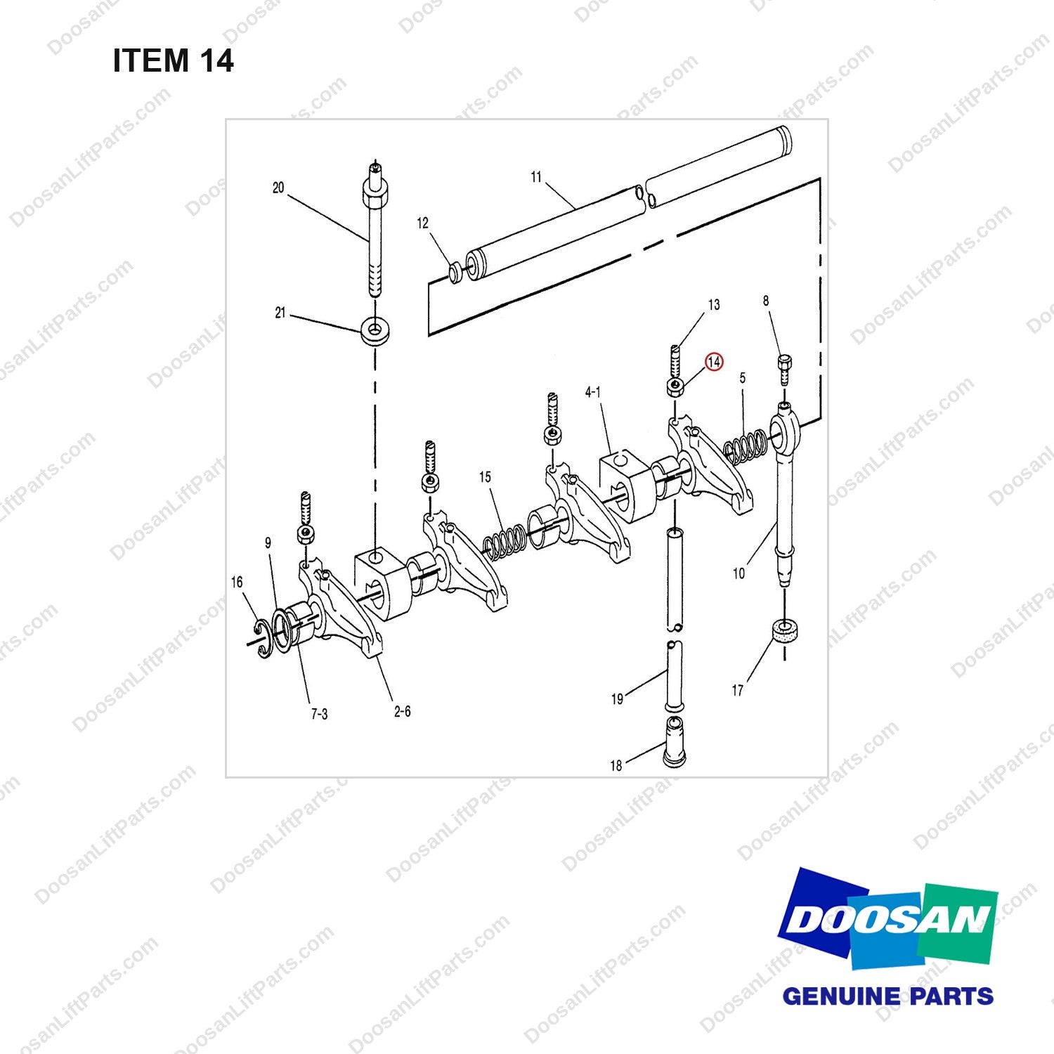 K5B9079 VALVE MECHANISM GP(4.2482 E/G) - full parts diagram, item 14 marked - genuine Doosan / Bobcat forklift part