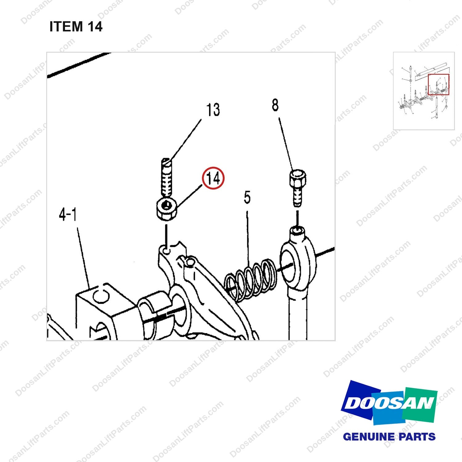 K5B9079 VALVE MECHANISM GP(4.2482 E/G) - parts diagram, item 14 shown - genuine Doosan / Bobcat forklift part