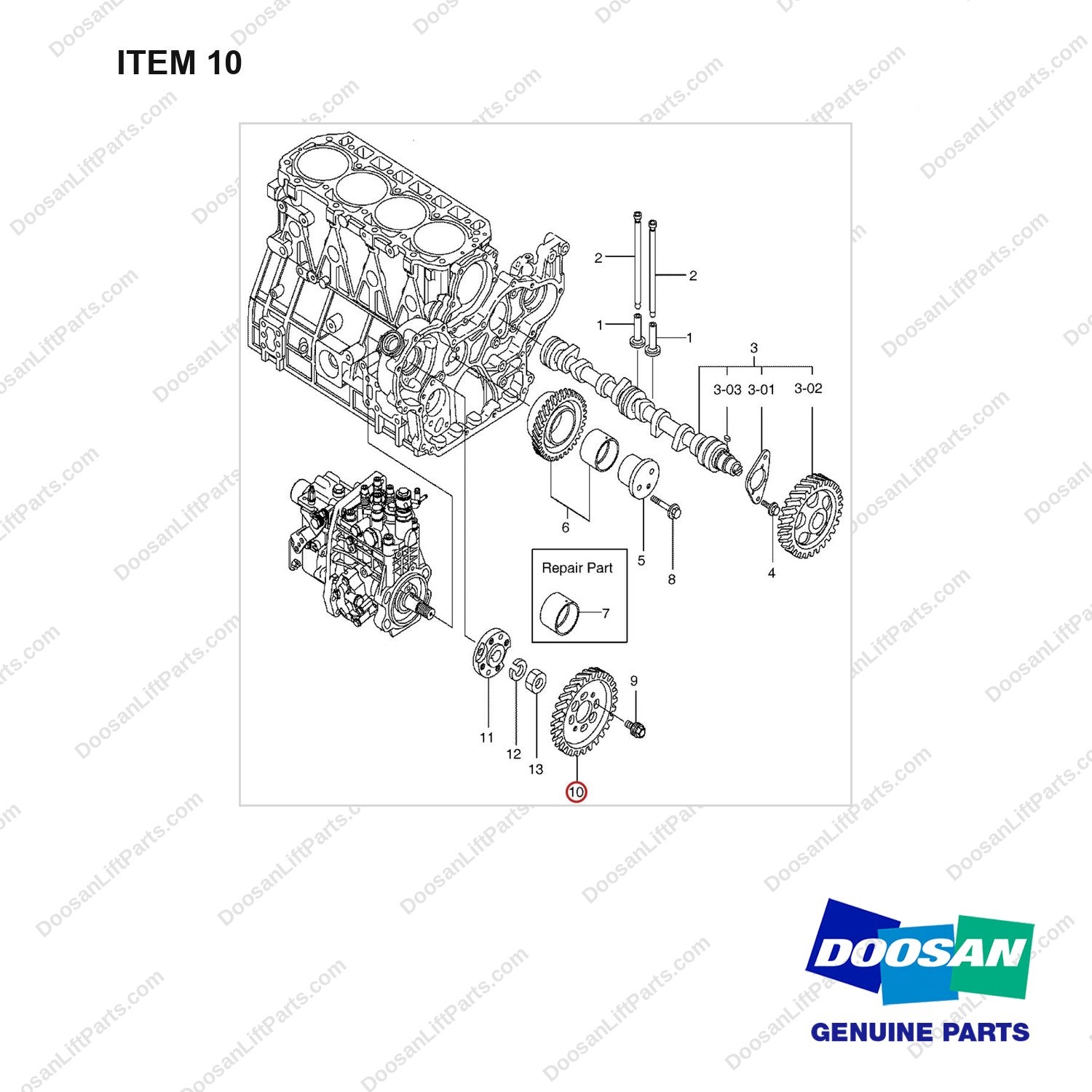 K9002124 Camshaft & Driving Gear Gp - full parts diagram, item 10 marked - genuine Doosan / Bobcat forklift part