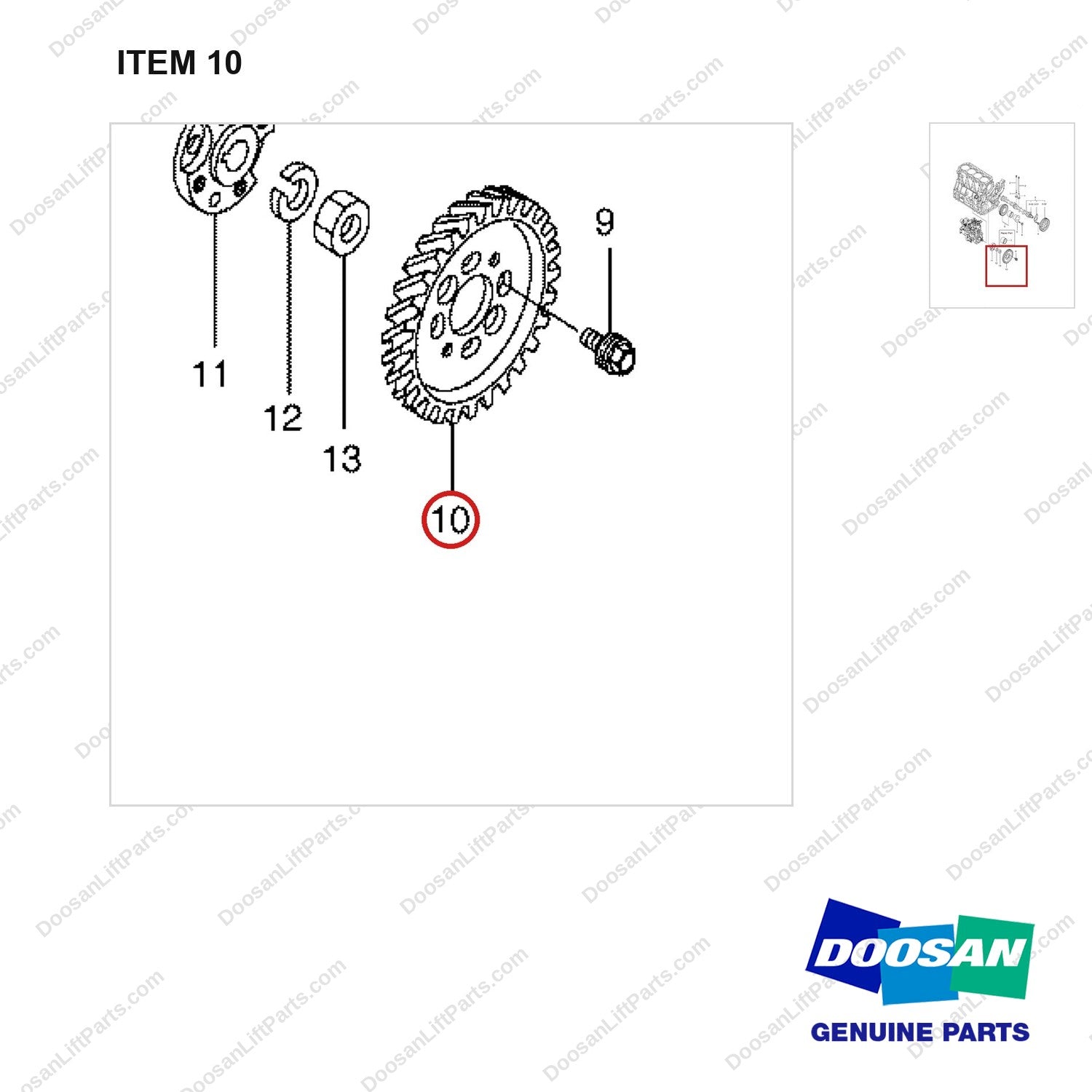K9002124 Camshaft & Driving Gear Gp - parts diagram, item 10 shown - genuine Doosan / Bobcat forklift part