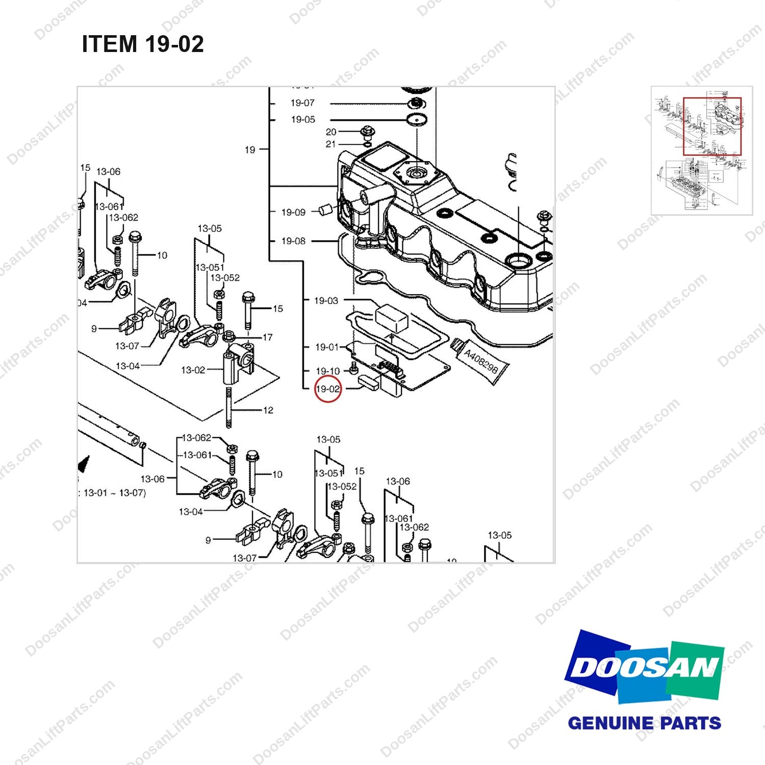 K9005940 Cylinder Head & Bonnet Gp - parts diagram, item 19-02 shown - genuine Doosan / Bobcat forklift part