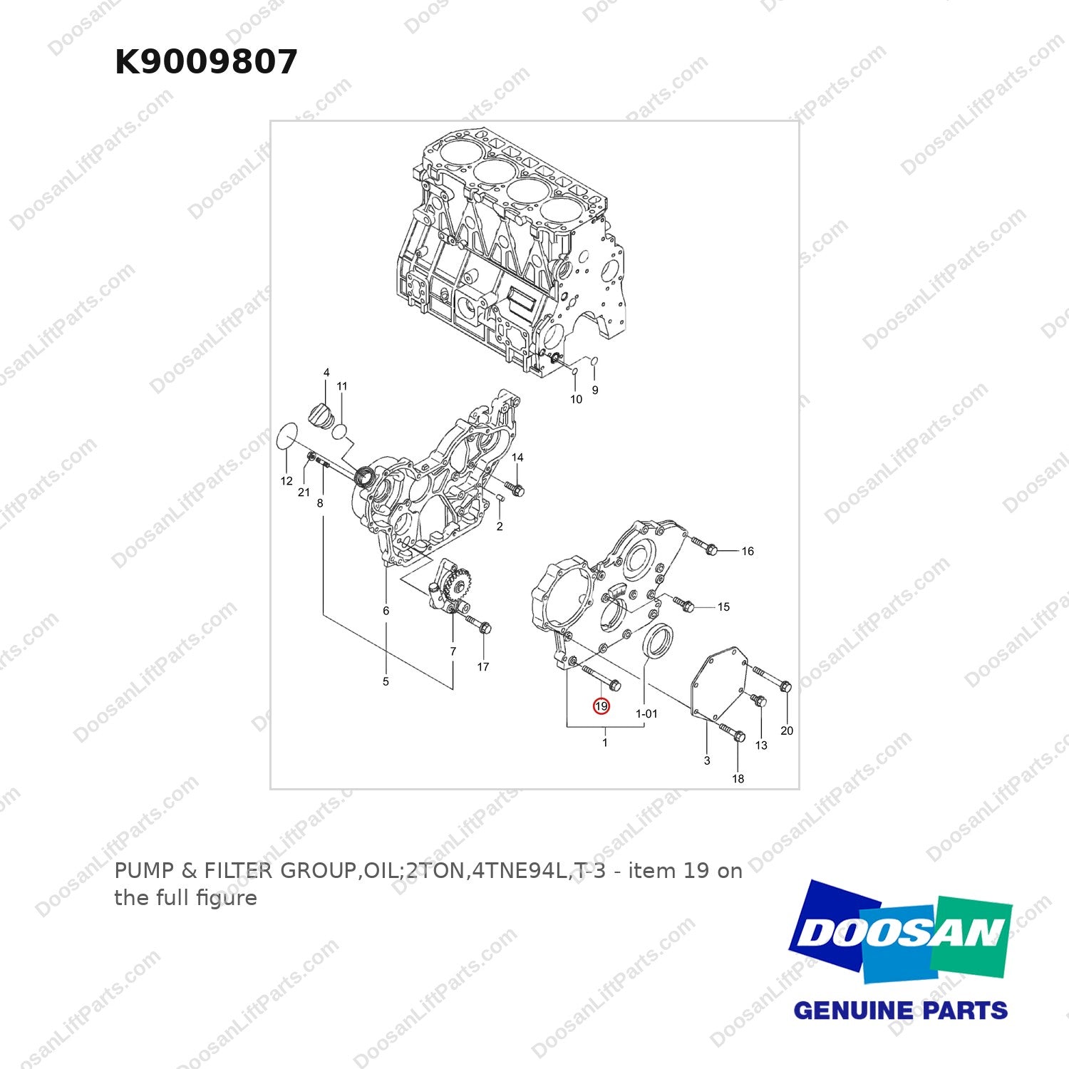 K9009807 PUMP & FILTER GROUP,OIL;2TON,4TNE94L,T-3 - full parts diagram, item 19 marked - genuine Doosan / Bobcat forklift part