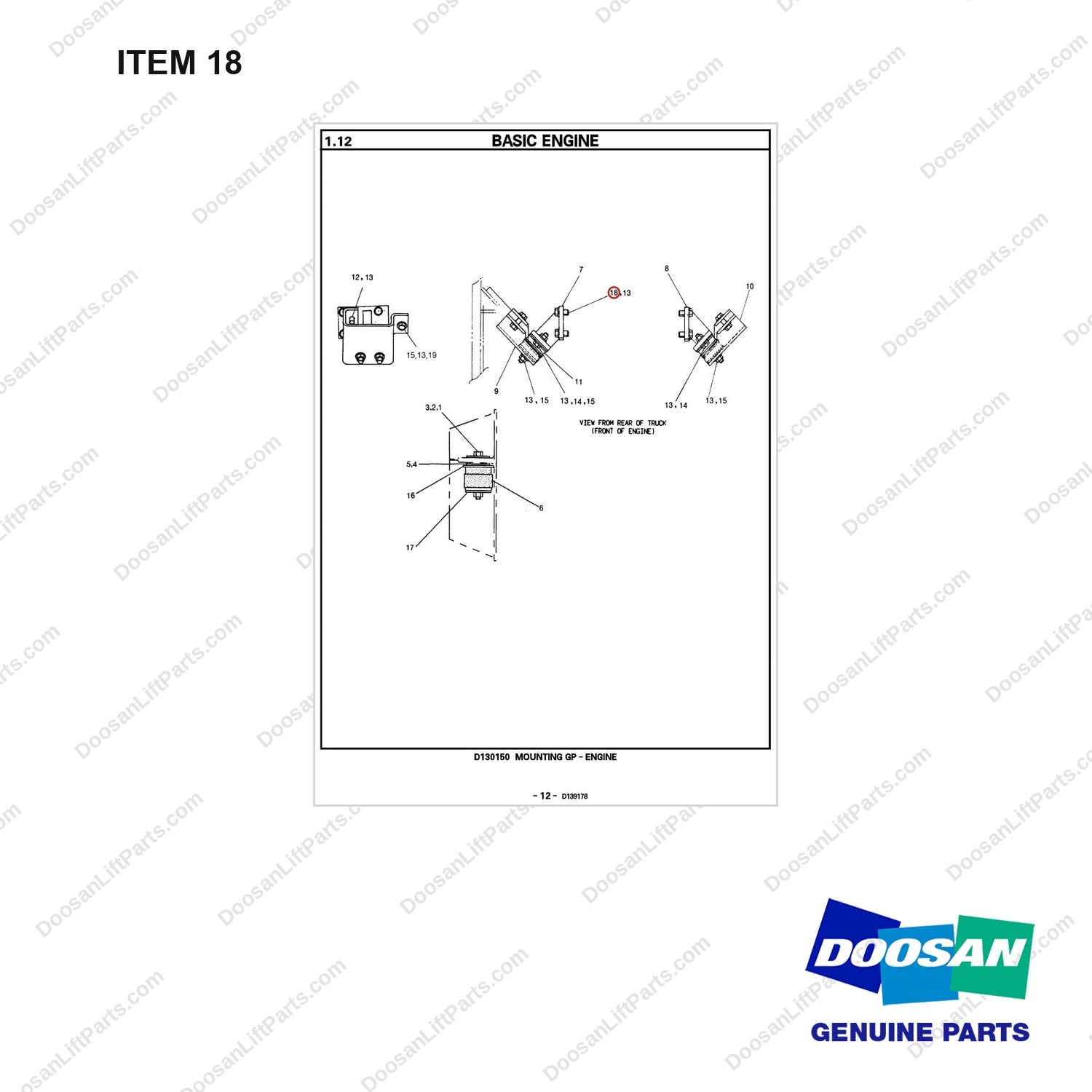 KS0712062 MOUNTING GP-ENGINE - full parts diagram, item 18 marked - genuine Doosan / Bobcat forklift part