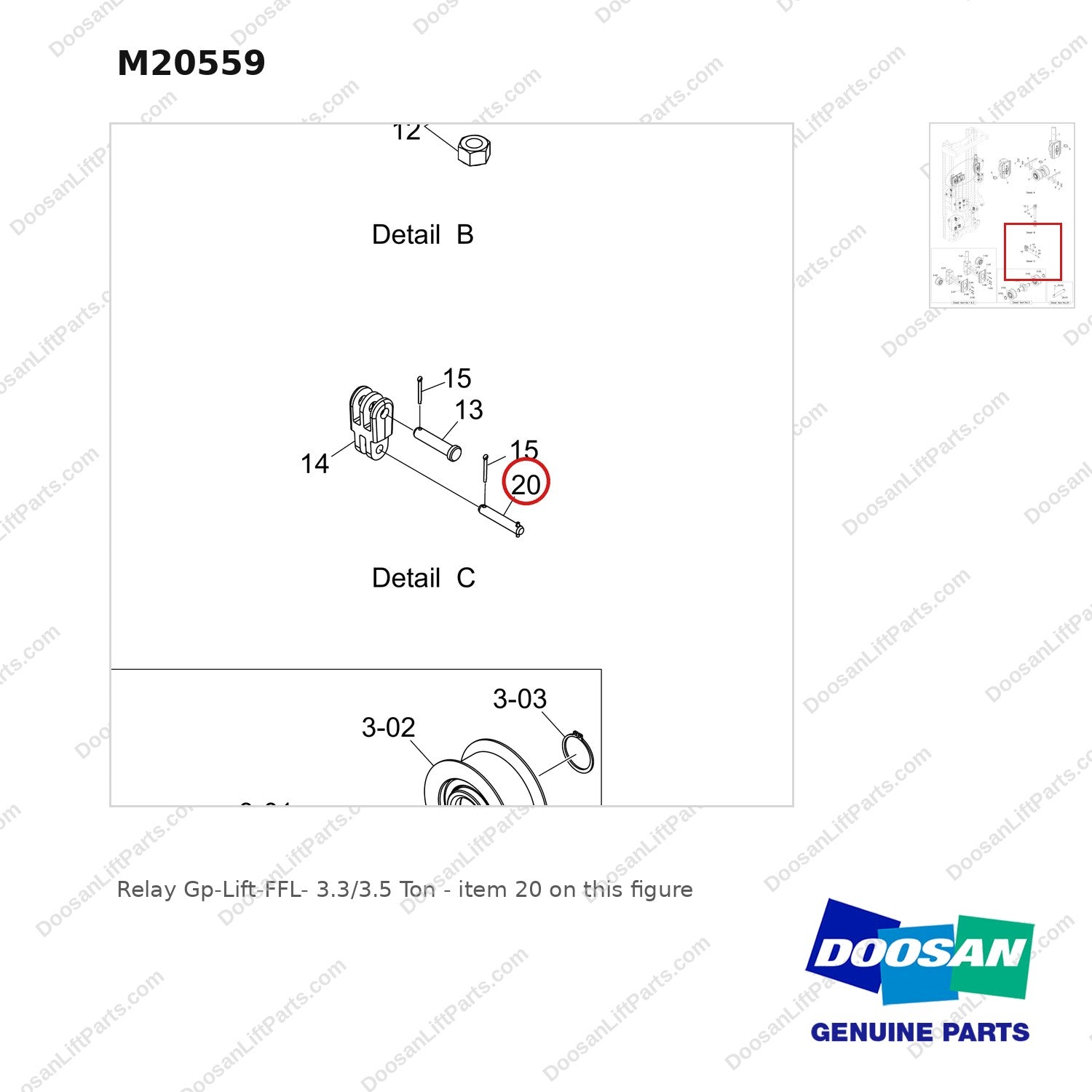 M20559 Relay Gp-Lift-FFL- 3.3/3.5 Ton - parts diagram, item 20 shown - genuine Doosan / Bobcat forklift part