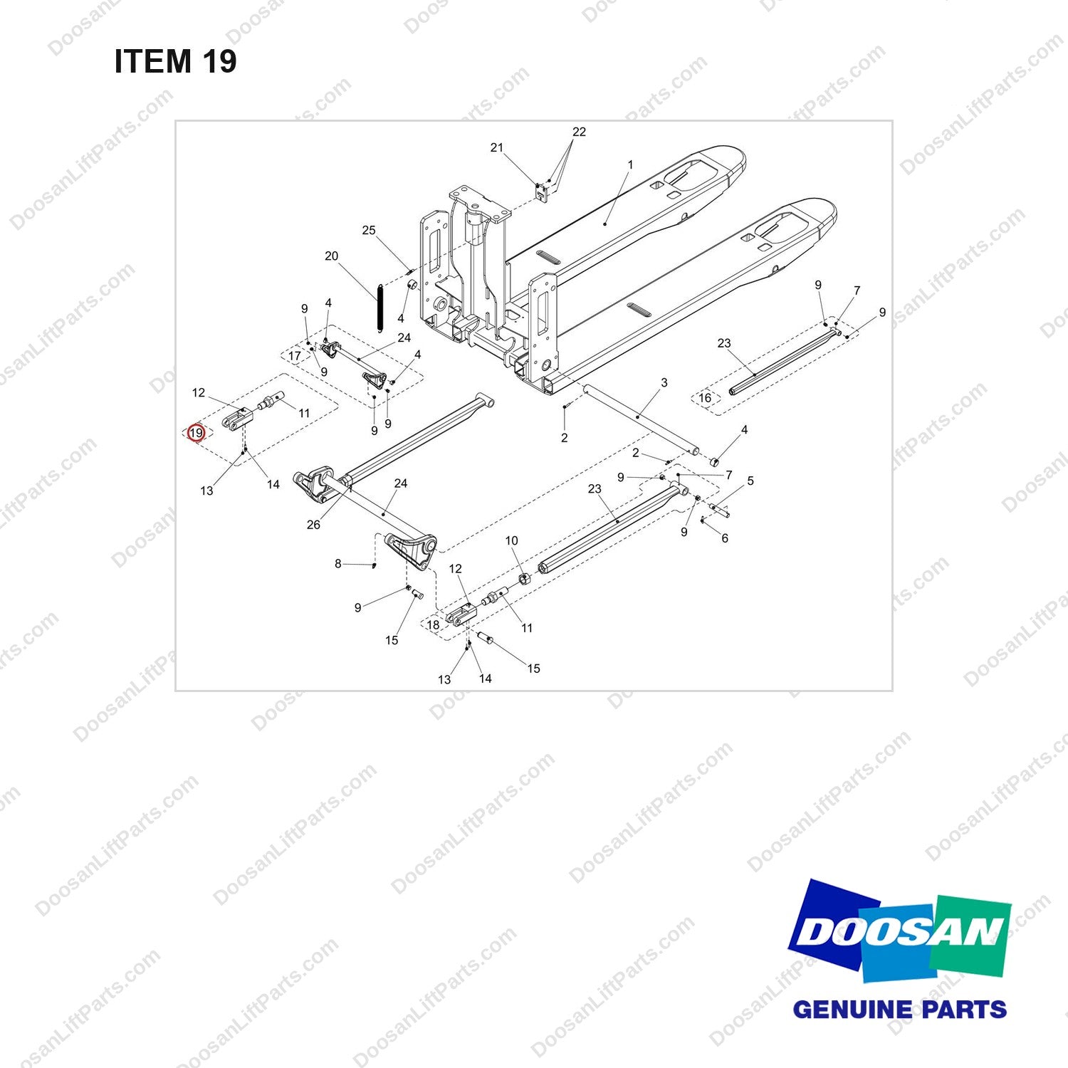 NB19-00031 CHASSIS (540X800/915/1000/1150/1220) - full parts diagram, item 19 marked - genuine Doosan / Bobcat forklift part