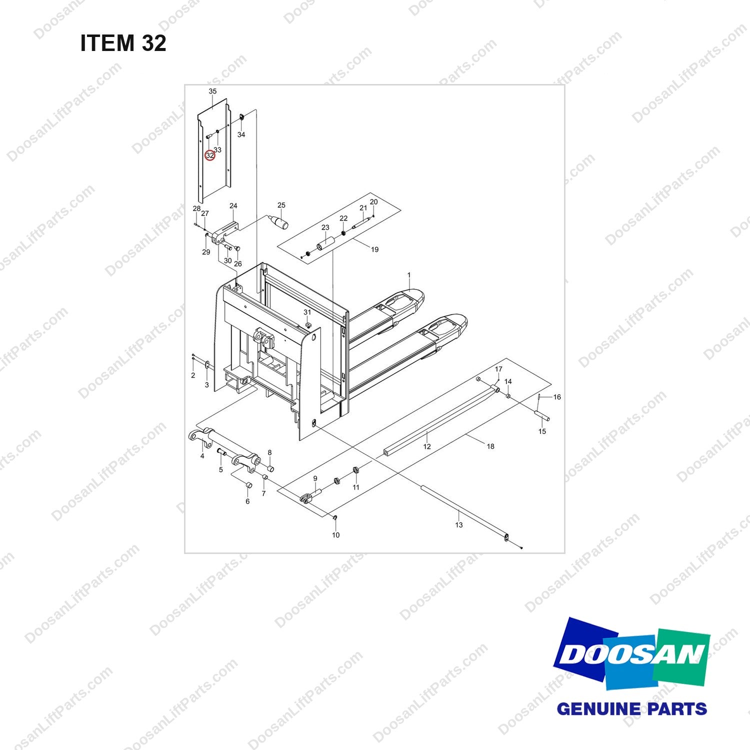 NB19-00079 CHASSIS (SIDEWAYS)(BPM20N) - full parts diagram, item 32 marked - genuine Doosan / Bobcat forklift part
