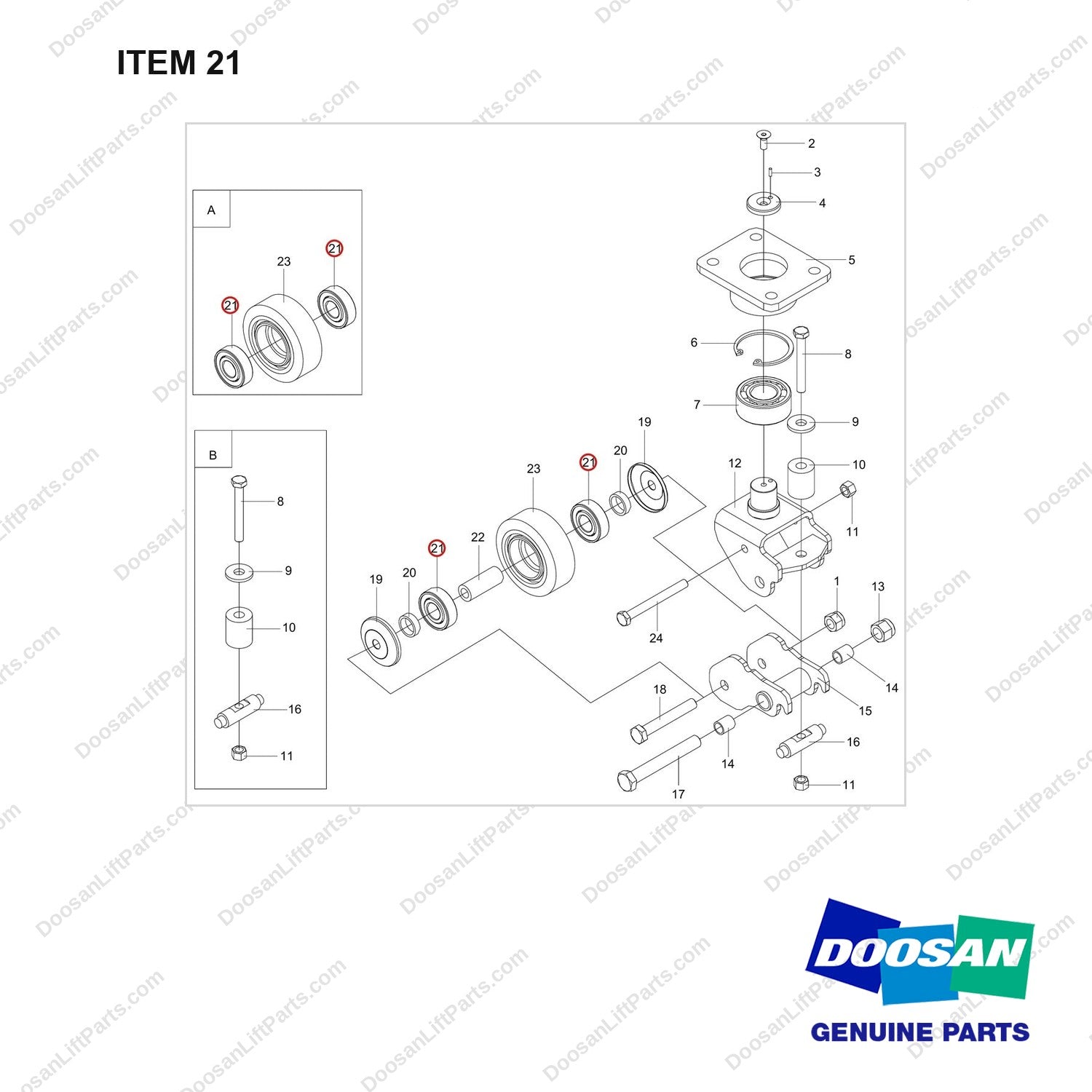 NB19-00121 Castors Components - full parts diagram, item 21 marked - genuine Doosan / Bobcat forklift part